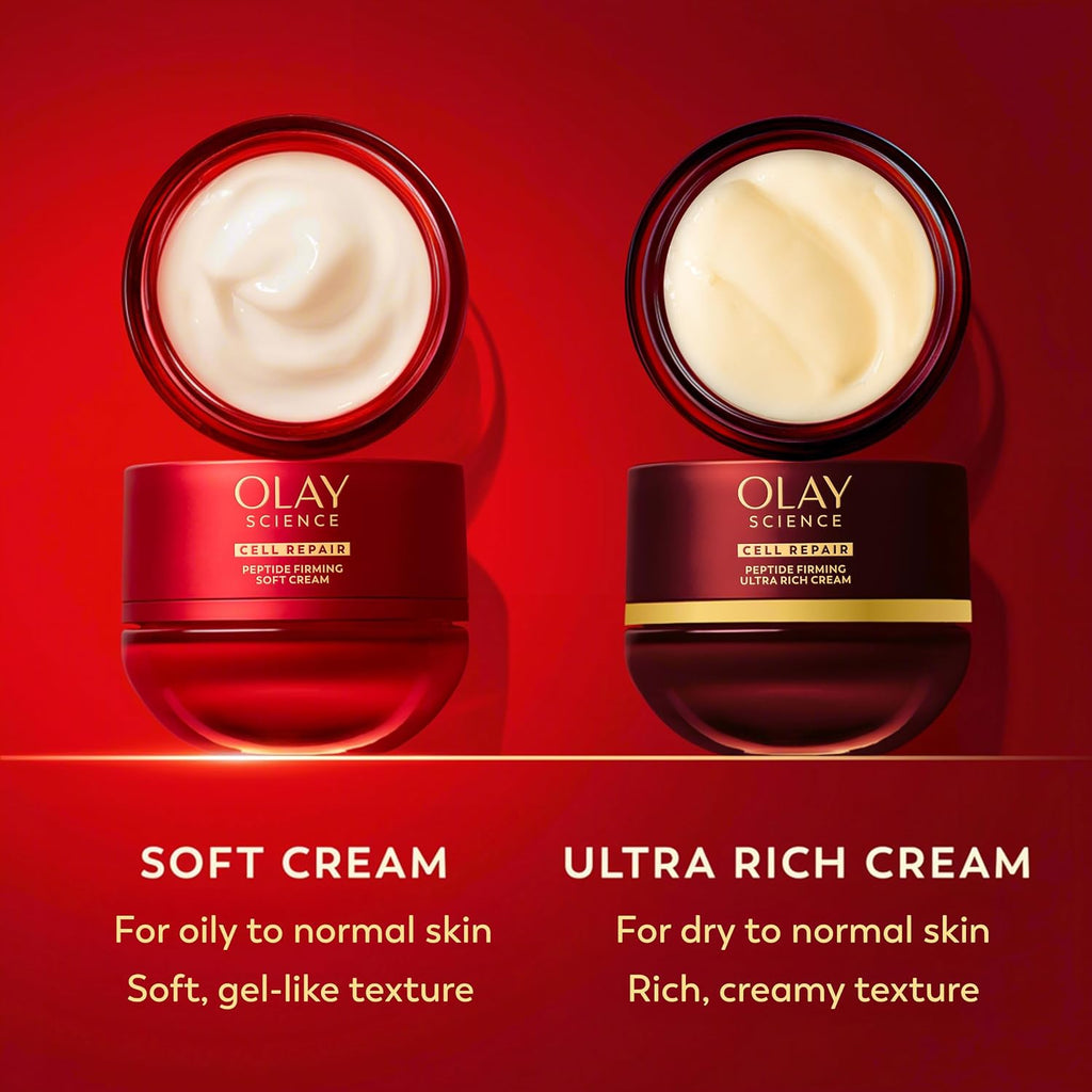 Two Olay cream jars on a red background with product descriptions.