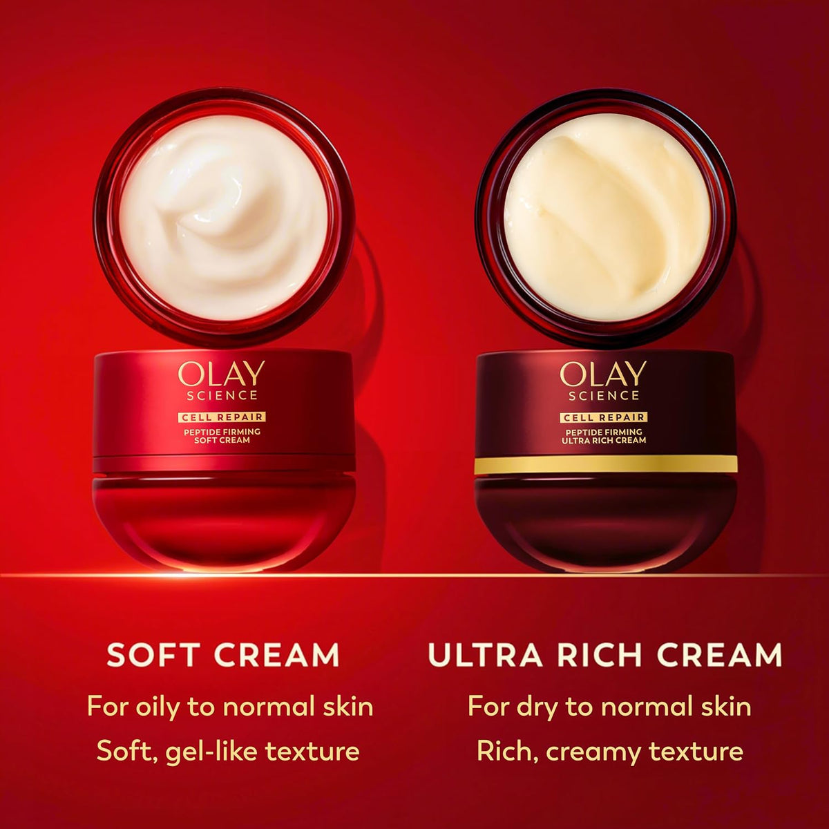 Two Olay cream jars on a red background with product descriptions.