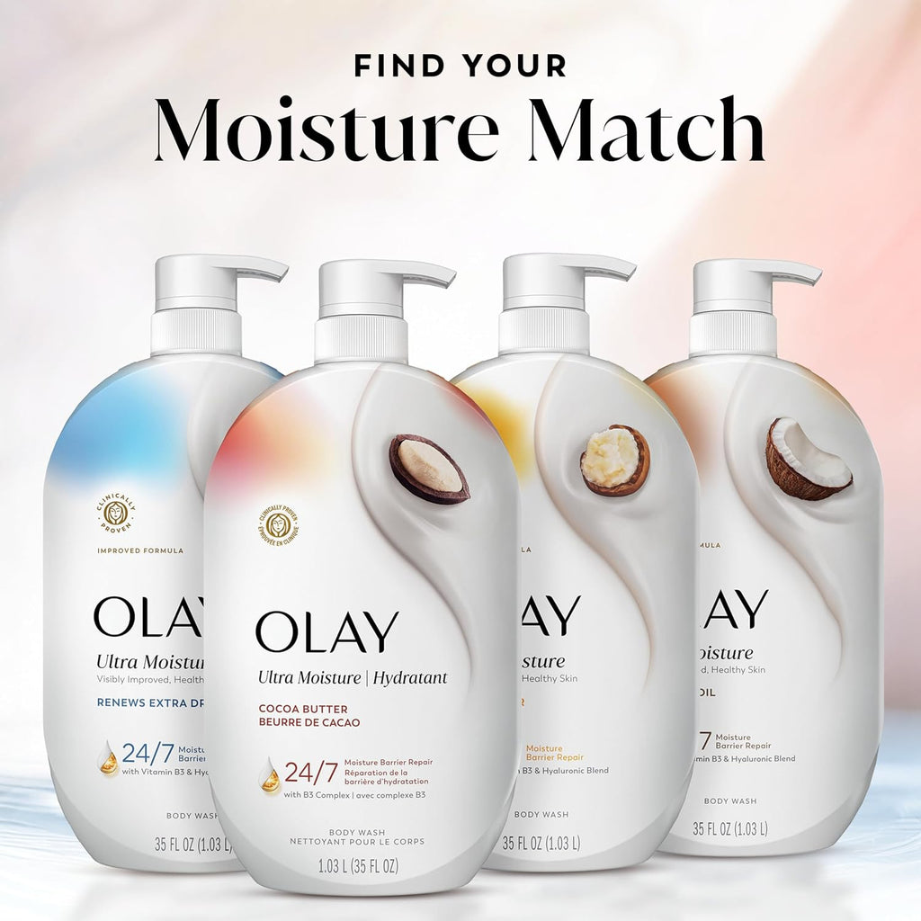 Four Olay Ultra Moisture body wash bottles arranged in a row against a soft pastel gradient background with the headline 'FIND YOUR Moisture Match' at the top. The bottles are white with pump dispensers and feature different flavor/ingredient graphics including blue, peach, yellow, and brown accents.