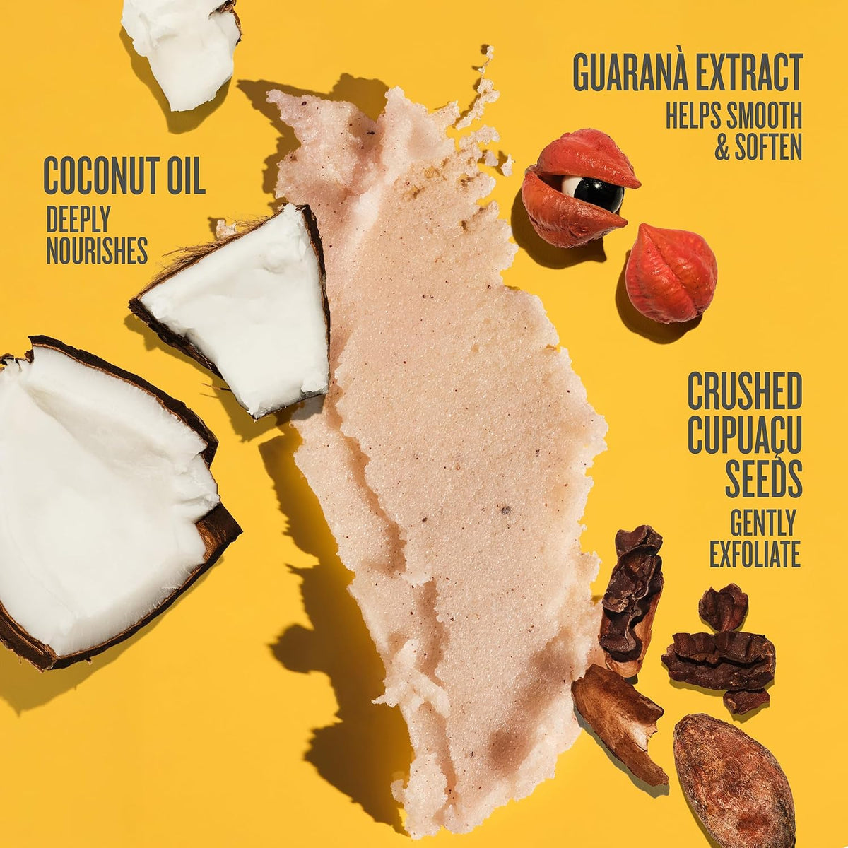 Product with coconut oil, guarana extract, and cupuáá seeds on a yellow background