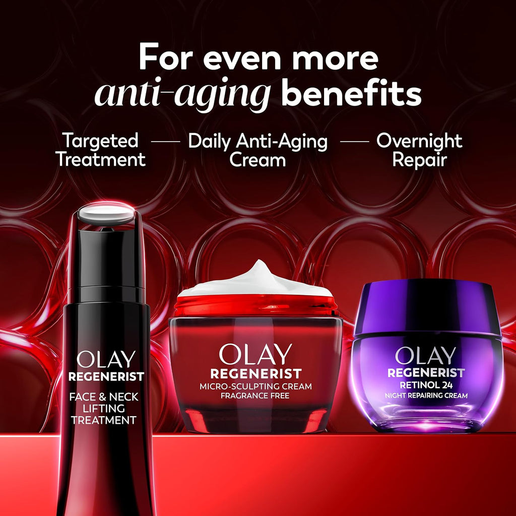 Olay Regenerist skincare products with text on anti-aging benefits on a red background