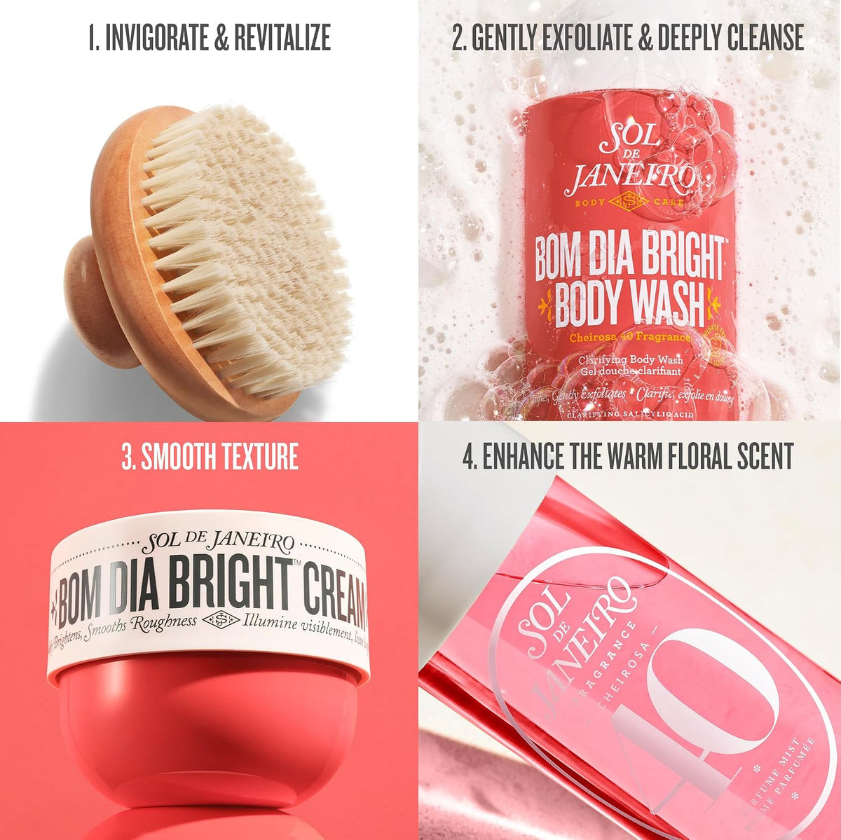 A four-panel promotional collage for Sol de Janeiro body care. Top-left shows a wooden scrub brush with text 'INVIGORATE & REVITALIZE.