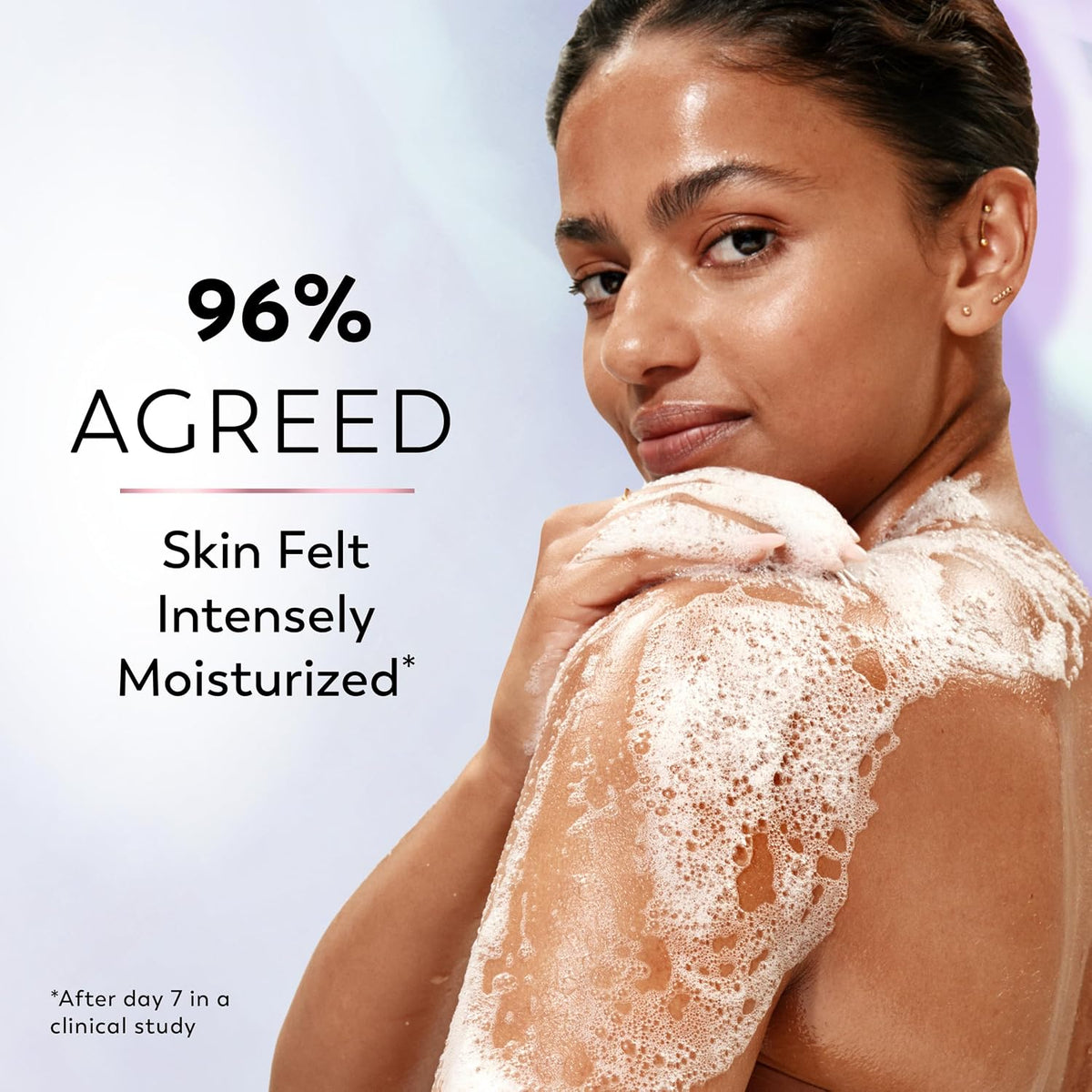 Woman with moisturized skin and text indicating product effectiveness