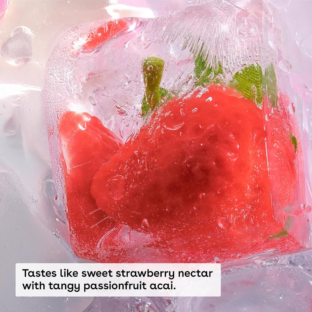 Frozen strawberry with ice crystals and a text overlay about flavor description.