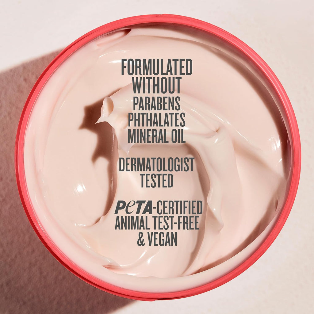 Cosmetic product with text about ingredient-free and ethical claims on a light background