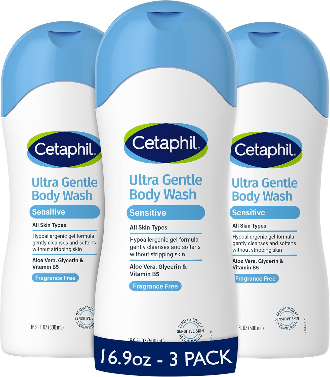 Three bottles of Cetaphil Ultra Gentle Body Wash on a white background