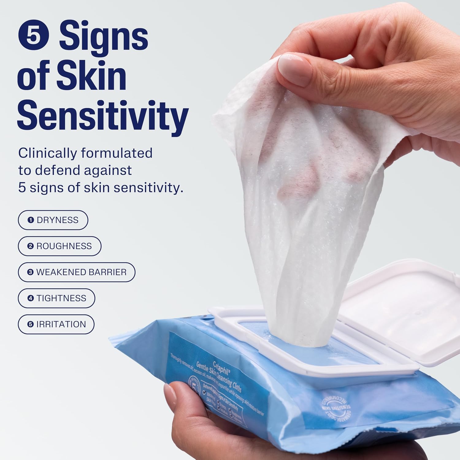 Hand holding a skin care wipe with text about skin sensitivity and product features.
