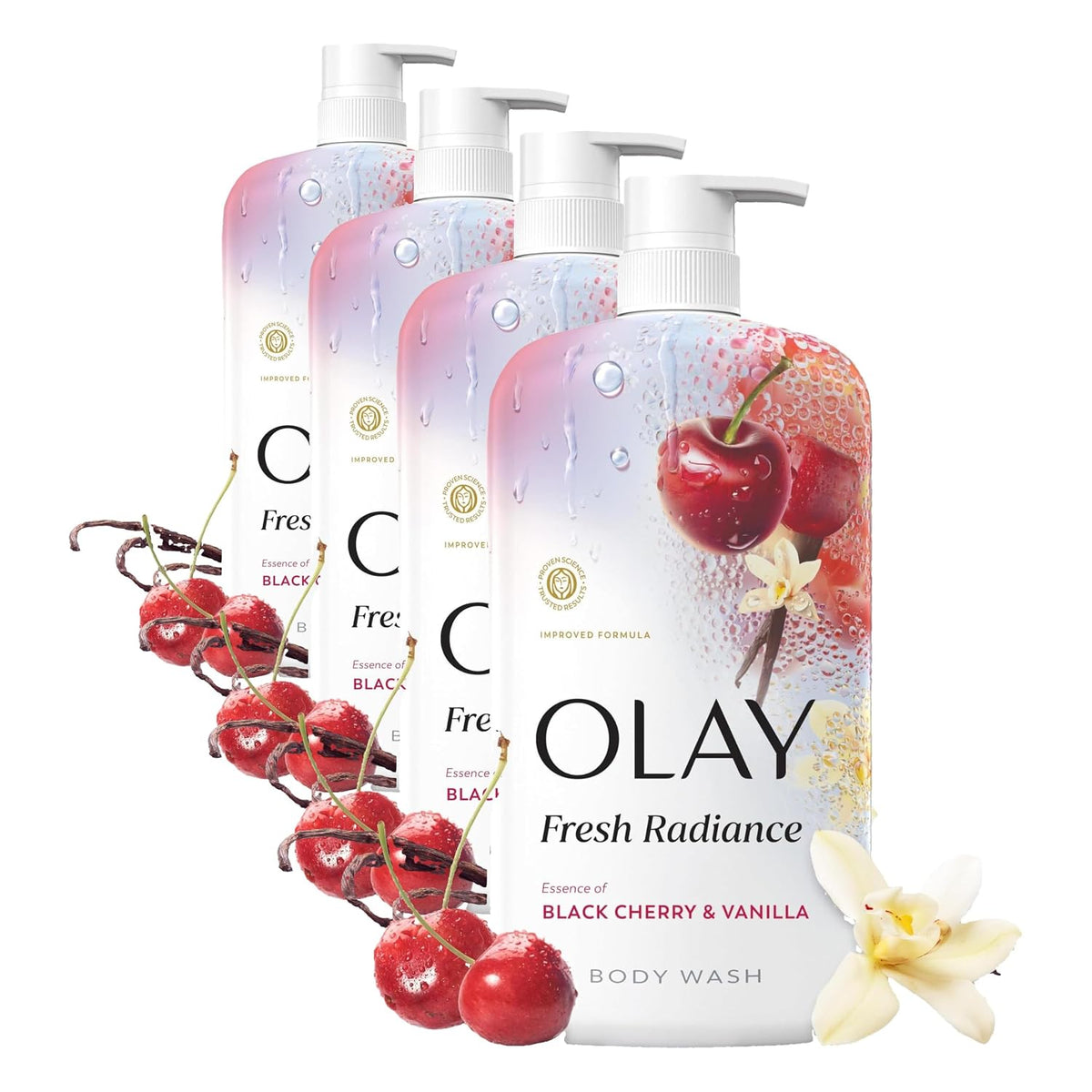 Four bottles of Olay Fresh Radiance body wash in a black cherry and vanilla scent, arranged in a fan shape on a white background with decorative red cherries and a vanilla flower.