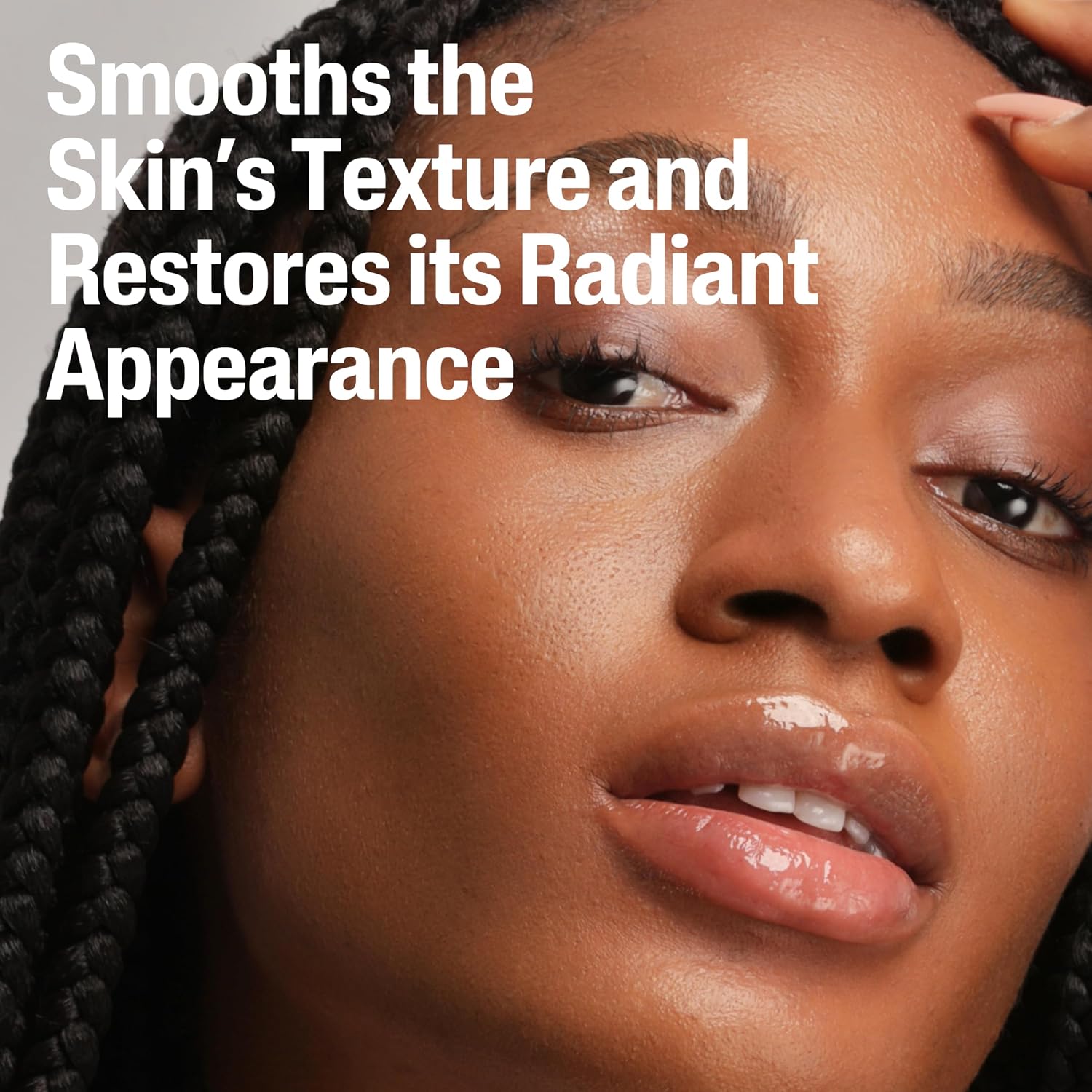 Close-up of a woman's face with text about skin texture and appearance