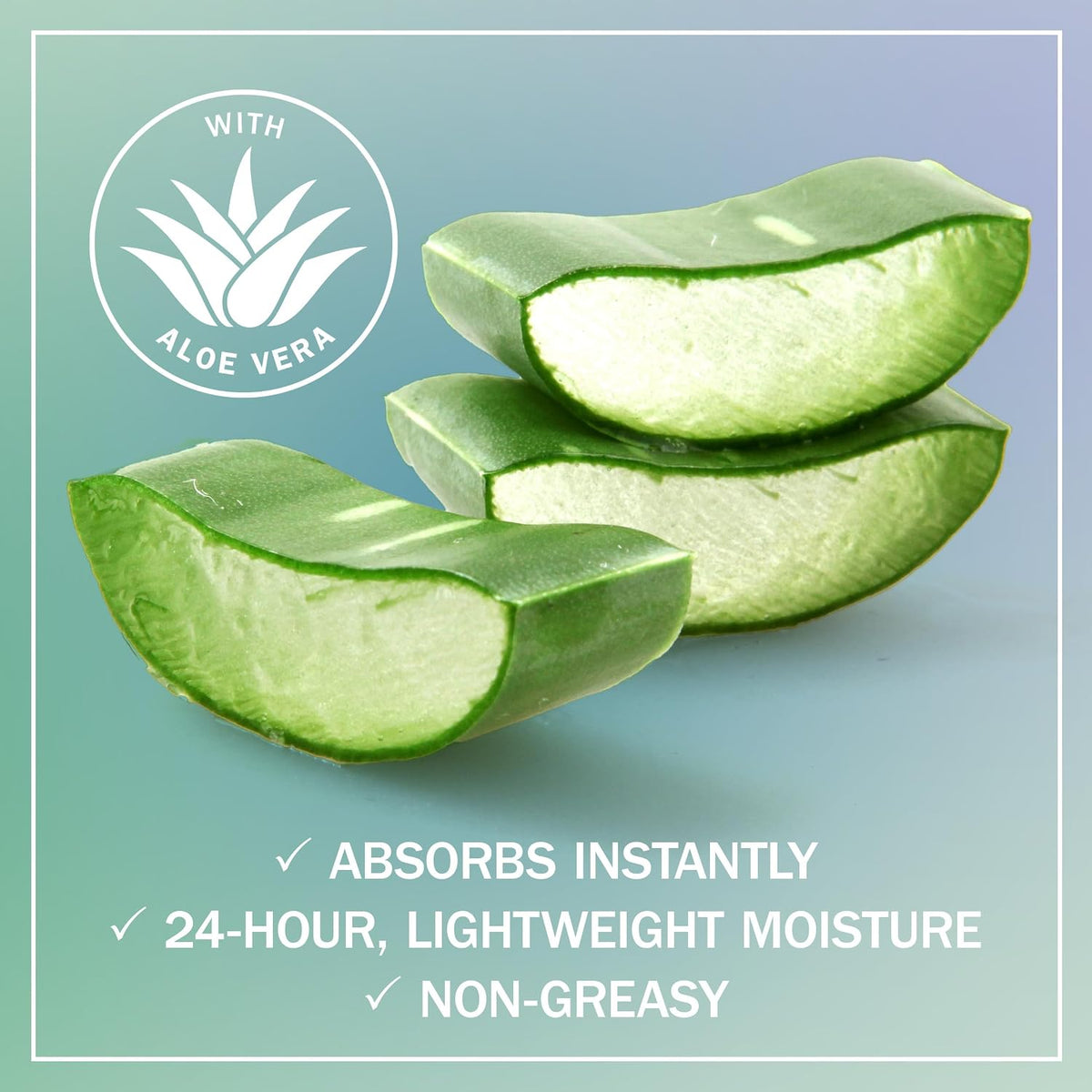 Aloe vera slices with aloe vera logo and product features on a light blue background