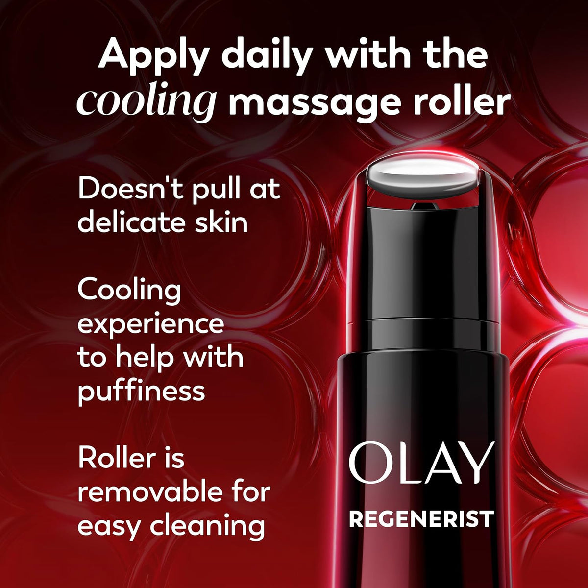OLAY Regenerist cooling massage roller with product details on a red background