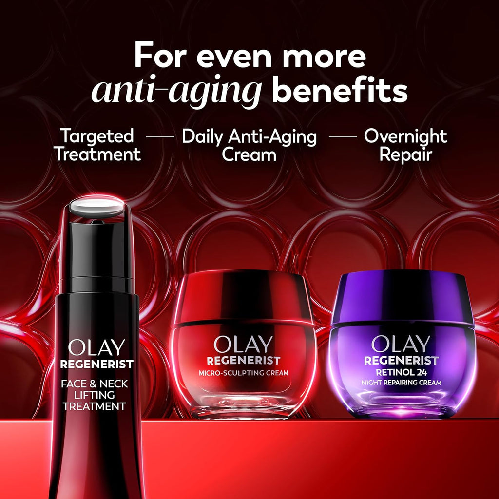 Olay Regenerist skincare products with text on anti-aging benefits on a red background