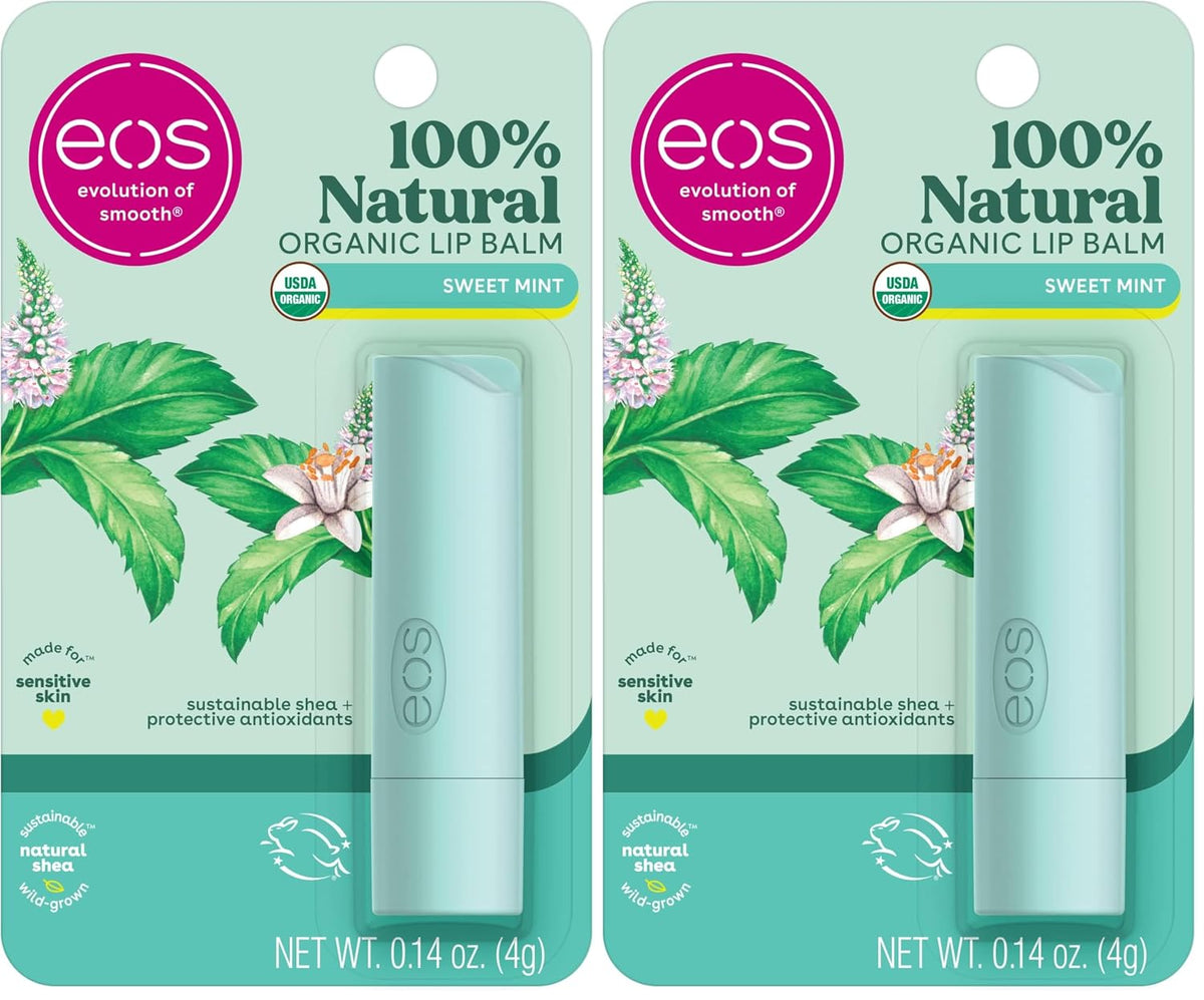 Two packages of EOS 100% Natural Organic Lip Balm in Sweet Mint flavor, side by side on a white background.