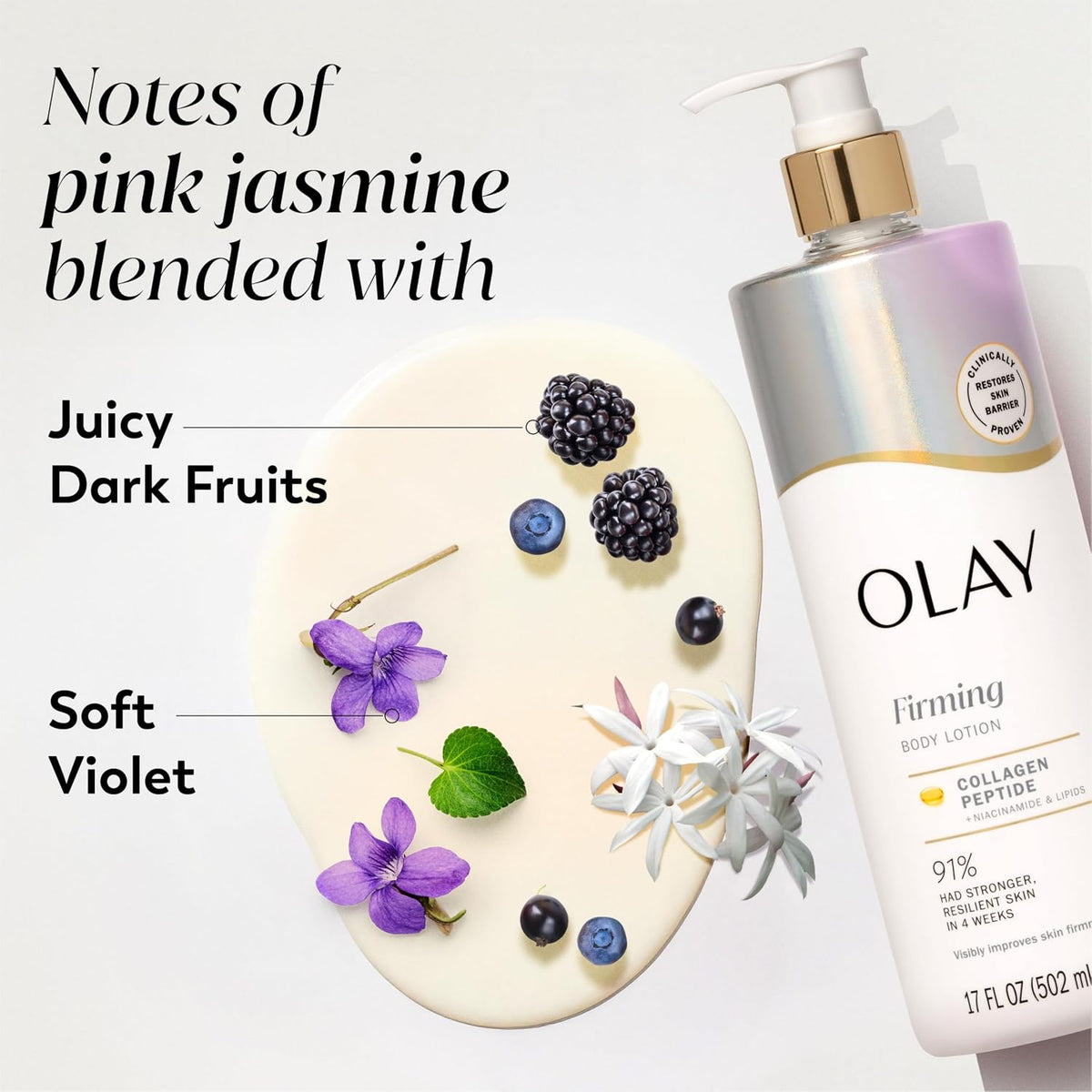Olay Firming Body Lotion with floral elements and text describing scents on a white background