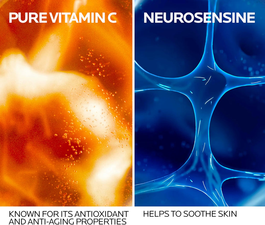 Two abstract images labeled 'PURE VITAMIN C' and 'NEUROSENSINE' with descriptions of properties.