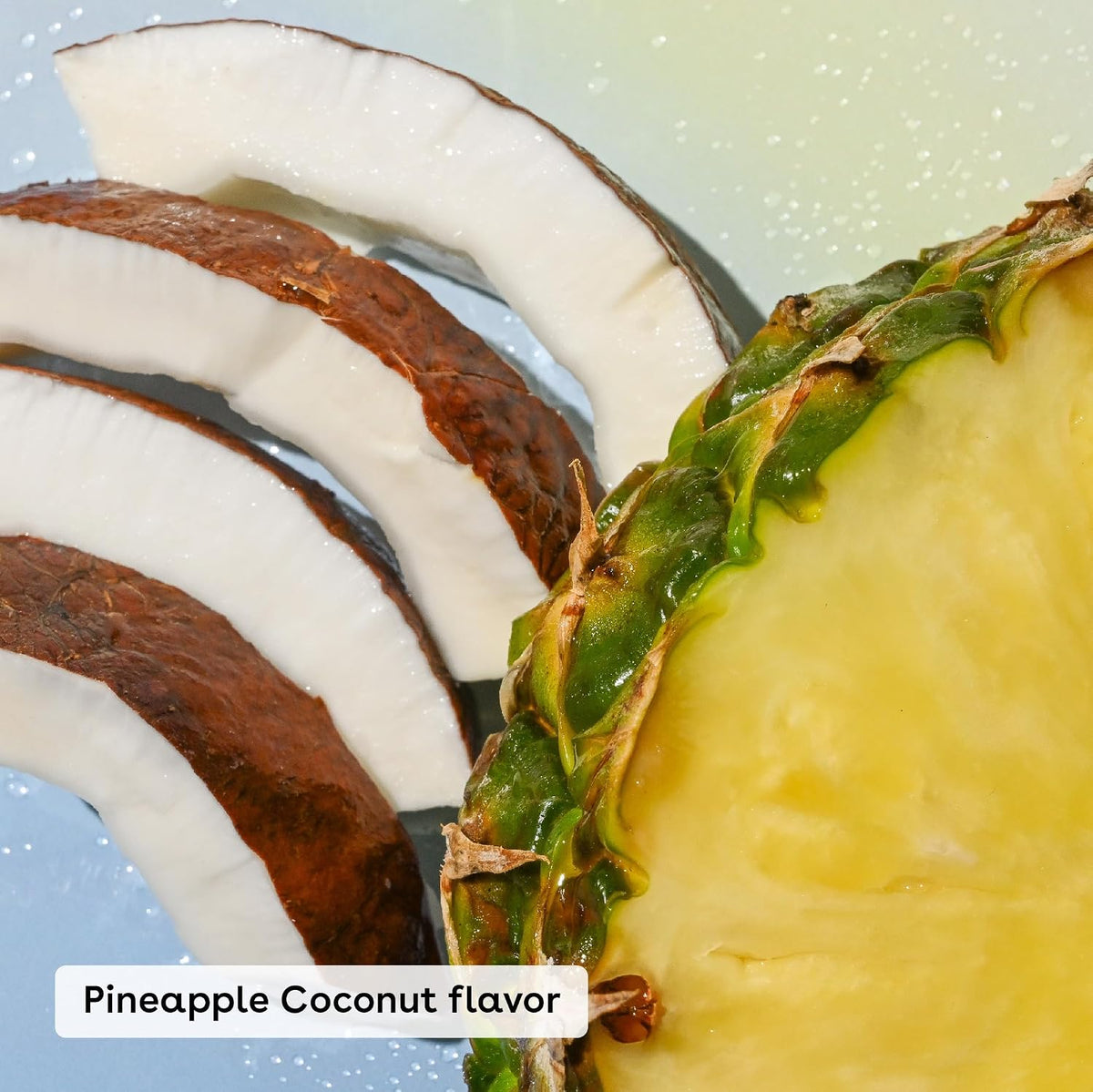 Close-up of a pineapple and coconut with 'Pineapple Coconut flavor' text.