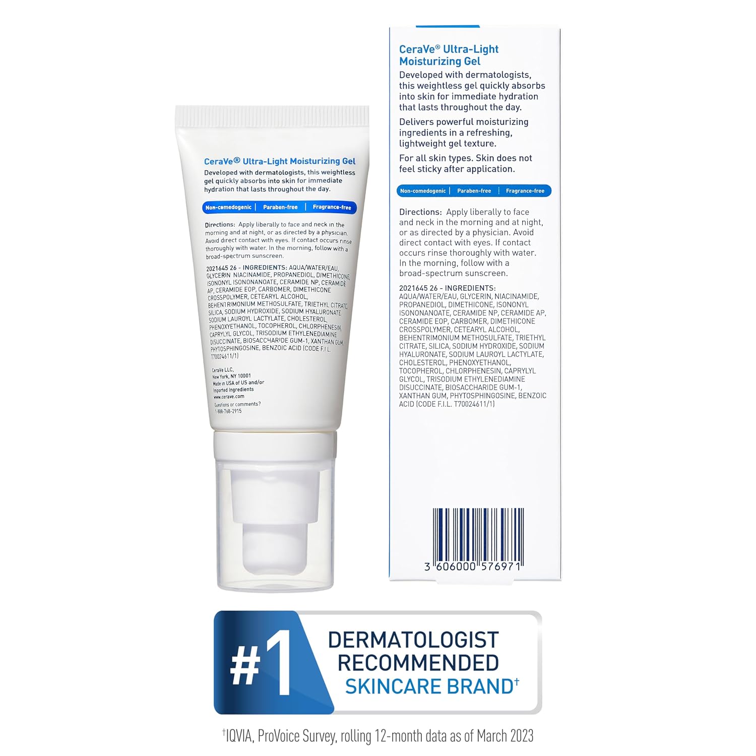 CareWk Ultra-Light Moisturizing Gel shown as a white squeeze tube next to its white product packaging label, with a blue '#1 Dermatologist Recommended Skincare Brand' banner at the bottom.