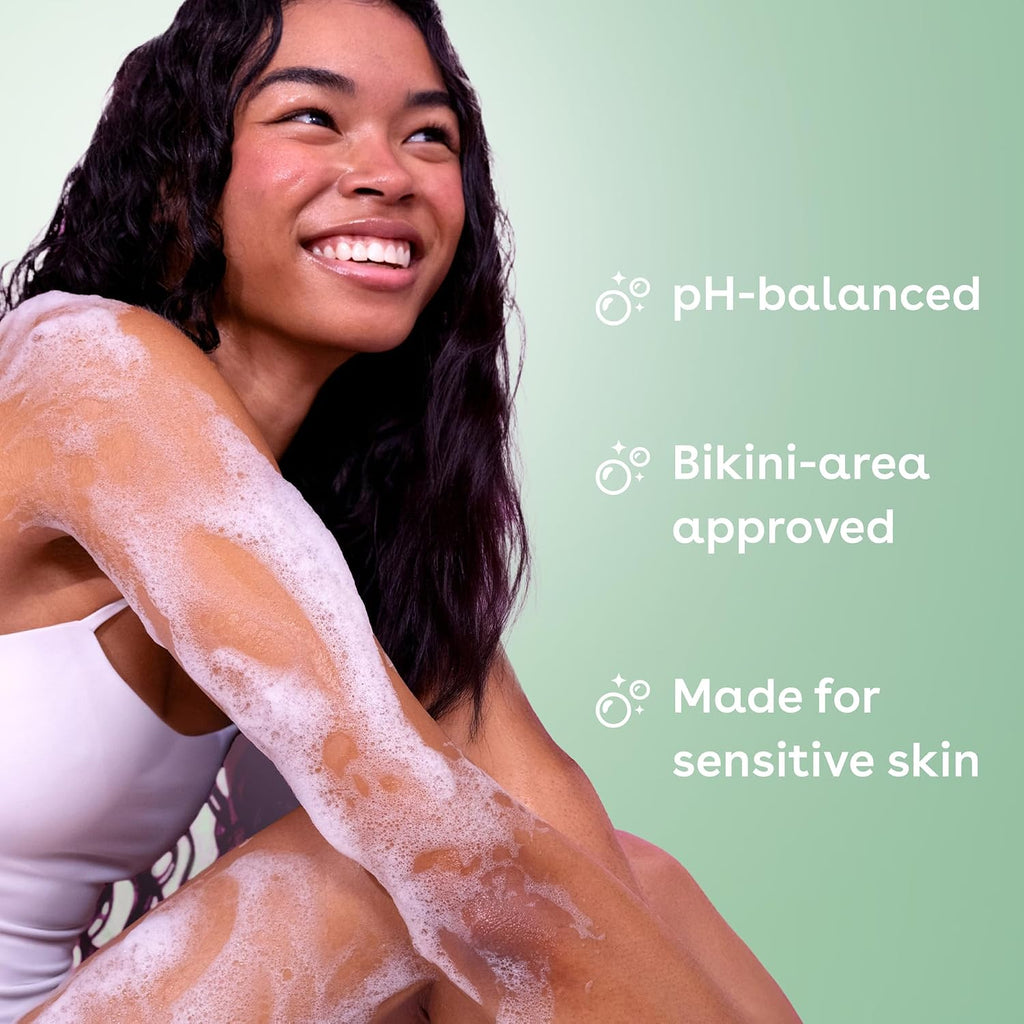 Woman with soap suds on her arm against a green background with product features listed.