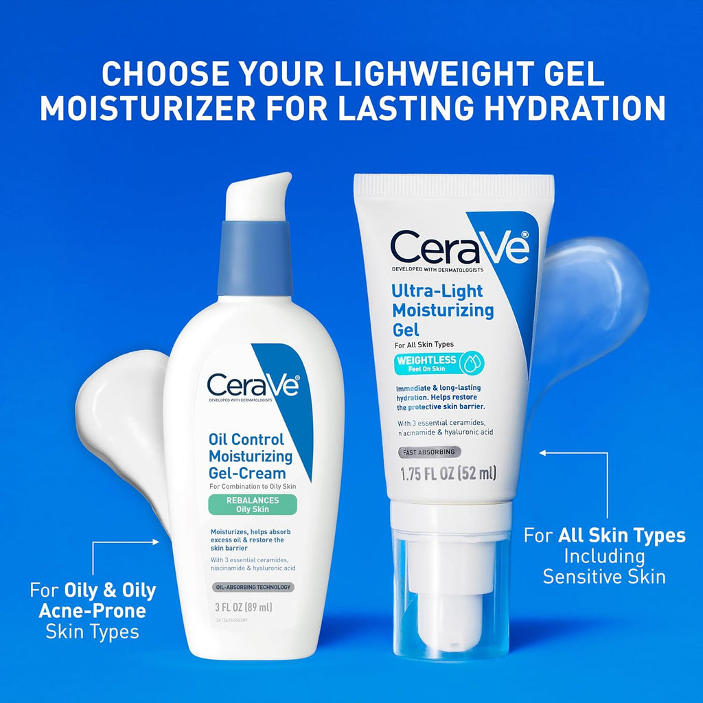 CeraVe moisturizing gel cream and gel on a blue background with text about hydration.