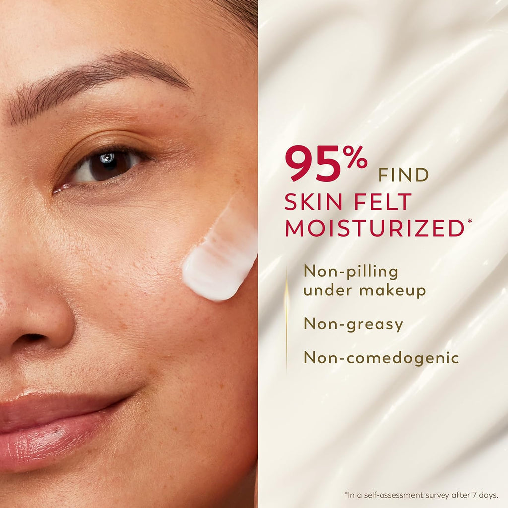 Close-up of a woman's face with a smear of white cream on her cheek, next to text reading '95% FIND SKIN FELT MOISTURIZED' and product benefits on a cream-colored background.
