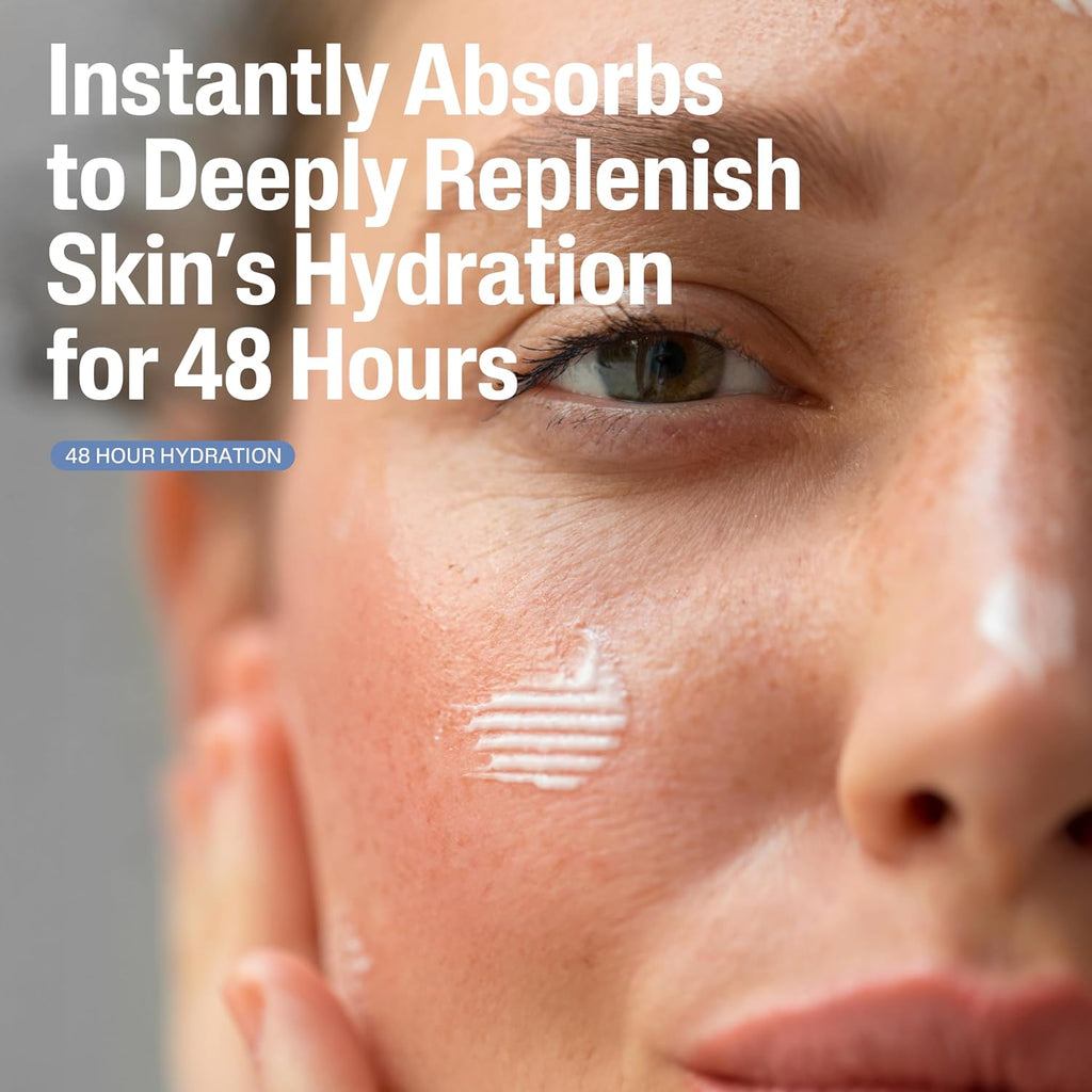 Close-up of a person's face with skincare product applied, text about hydration duration.