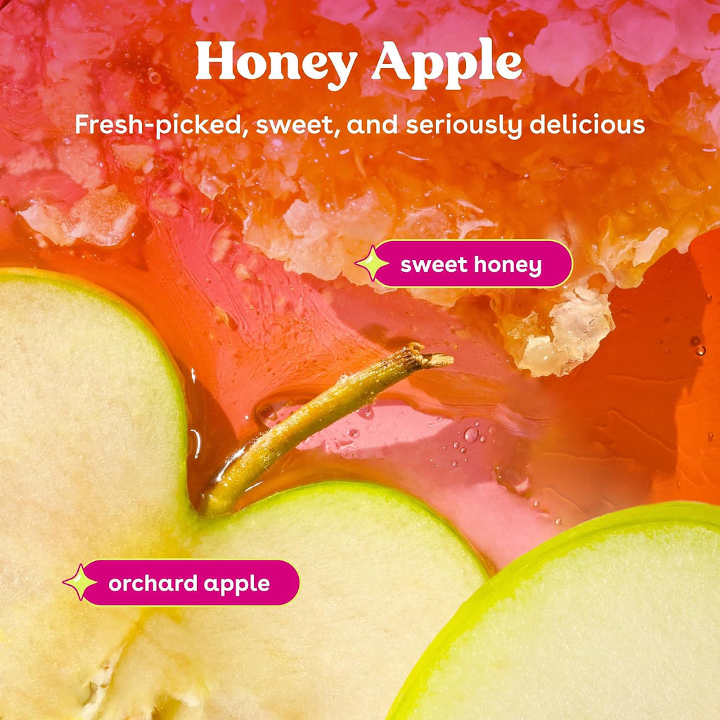 A close-up promotional graphic for honey apple, showing sliced pale green apple pieces, a small apple stem, amber honeycomb, and bright orange-red honey with overlaid text reading 'Honey Apple' and descriptive copy.