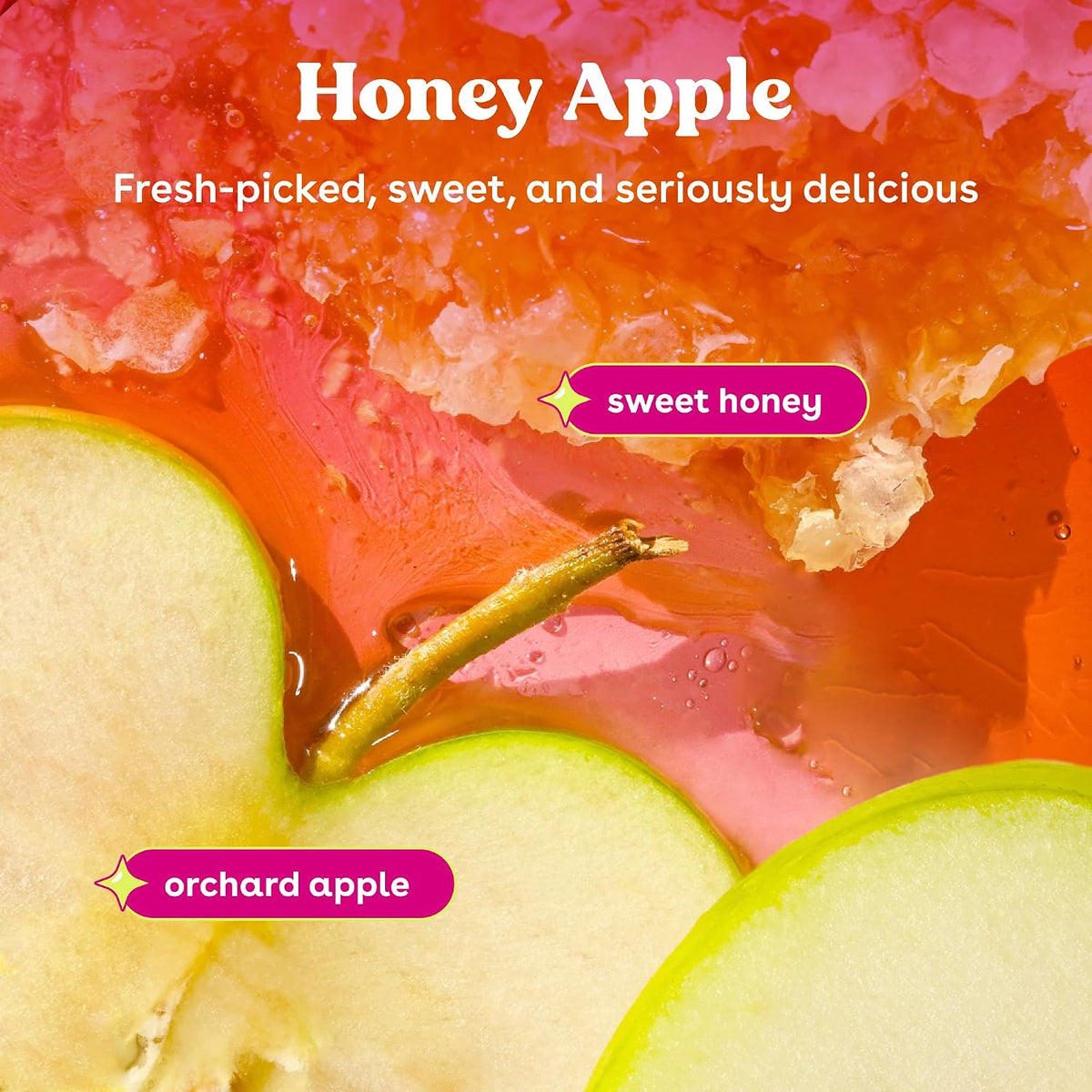 A close-up promotional graphic for honey apple, showing sliced pale green apple pieces, a small apple stem, amber honeycomb, and bright orange-red honey with overlaid text reading 'Honey Apple' and descriptive copy.