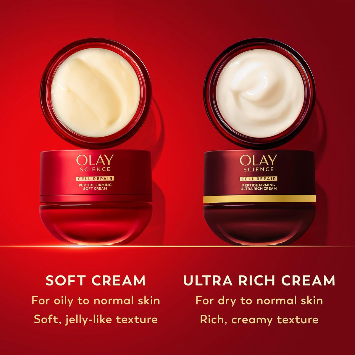 Two jars of Olay cream on a red background with product descriptions.