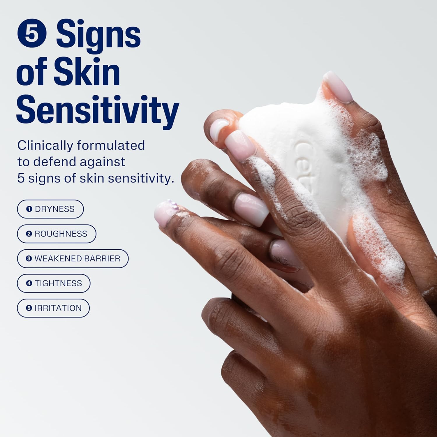 Hand applying soap with text about skin sensitivity and product features.