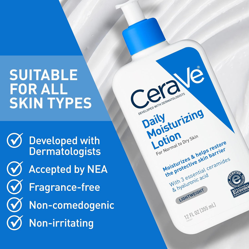 CeraVe Daily Moisturizing Lotion bottle with product features on a blue background