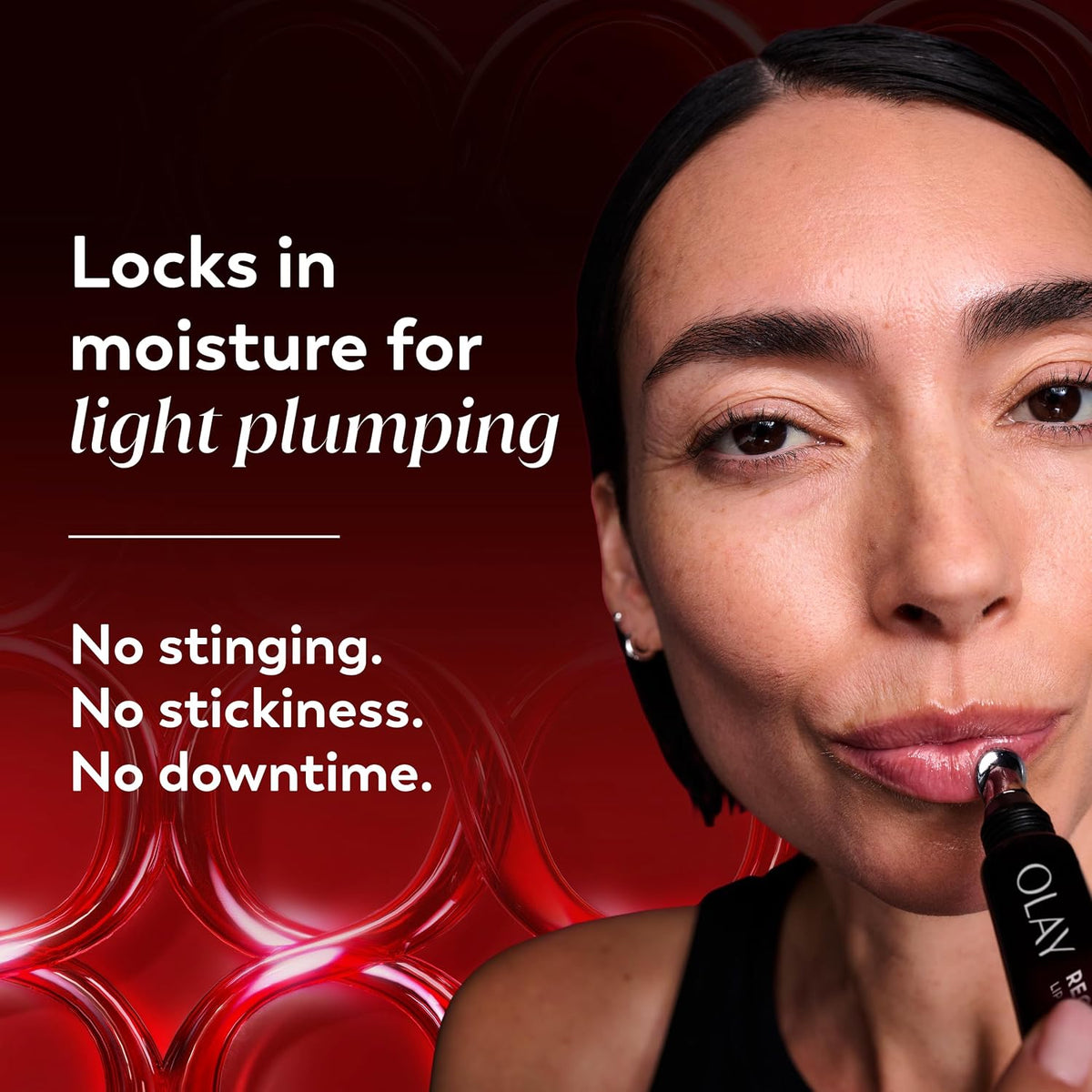 Woman applying Olay product with text about moisture locking and product features on a red background