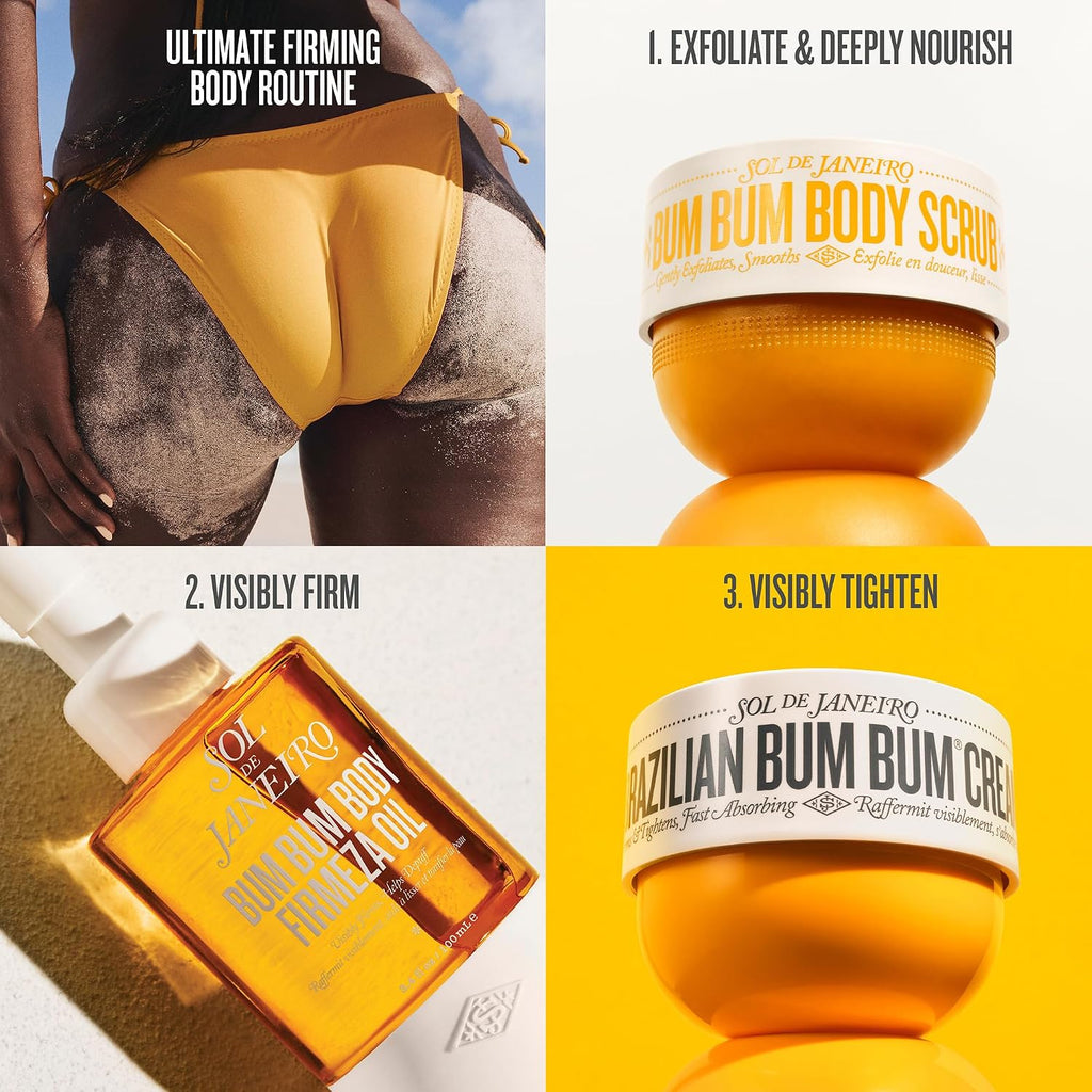 Bum Bum Body Scrub, Cream, and Firming Routine on a yellow background