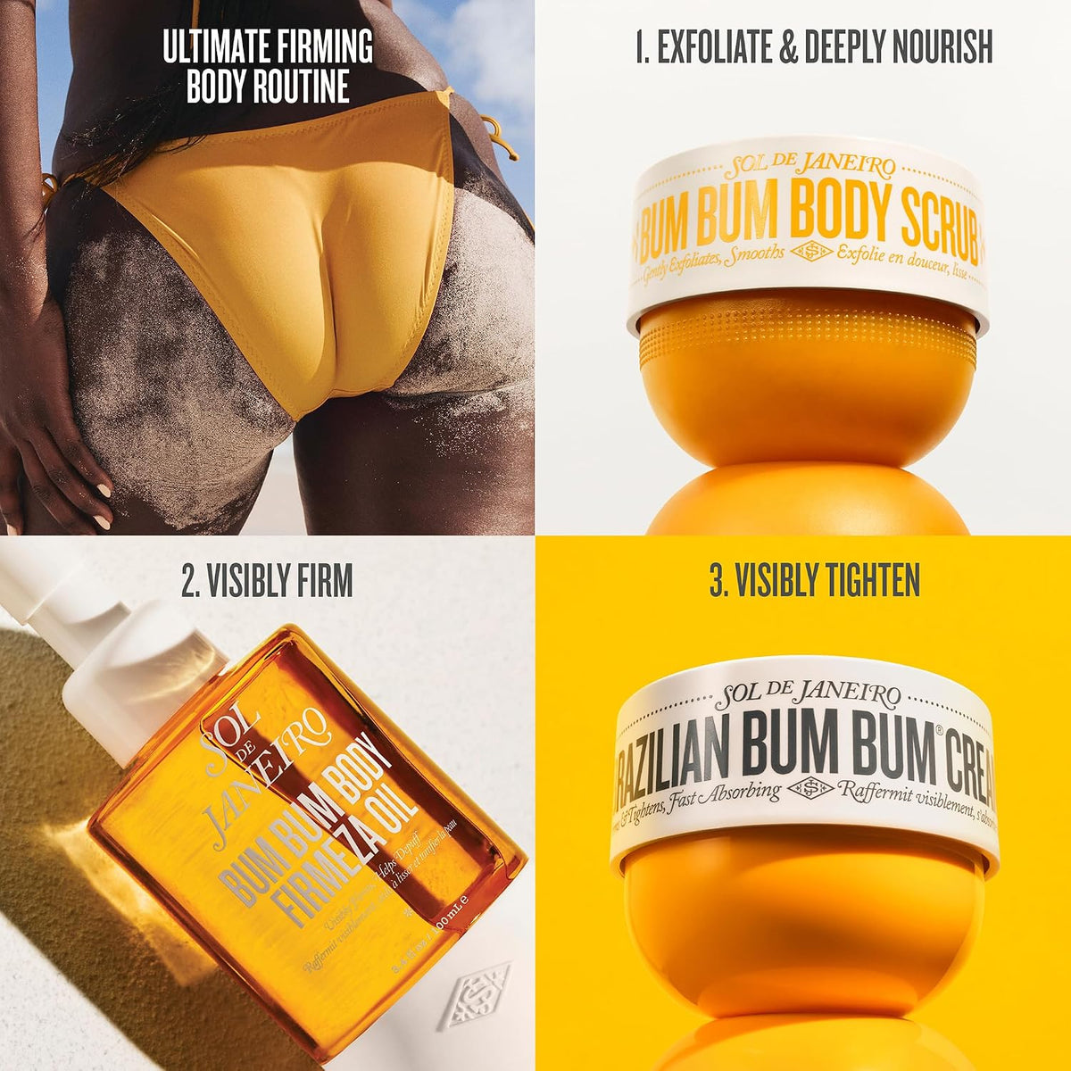 Bum Bum Body Scrub, Cream, and Firming Routine on a yellow background