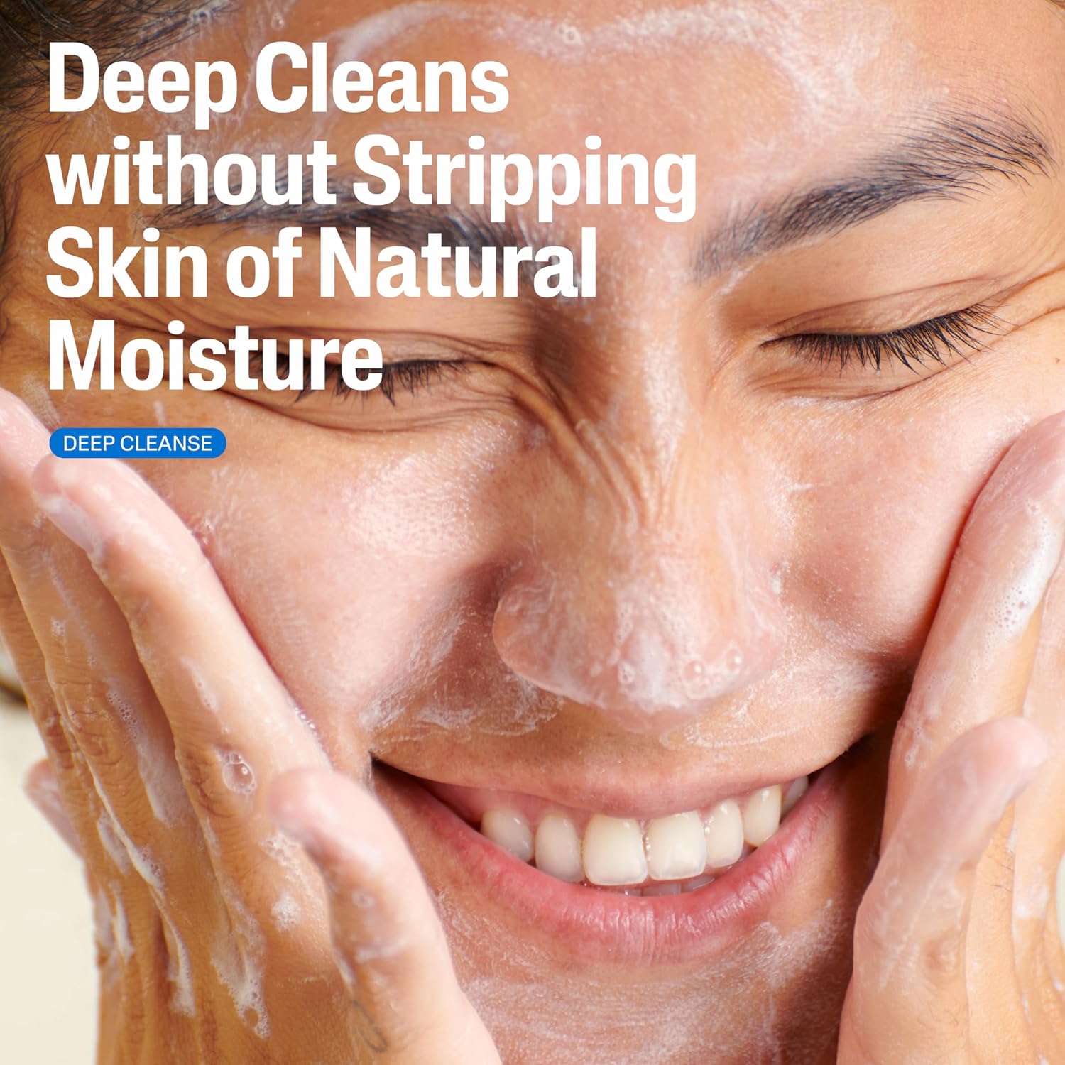 Person applying a facial cleanser with text highlighting its benefits