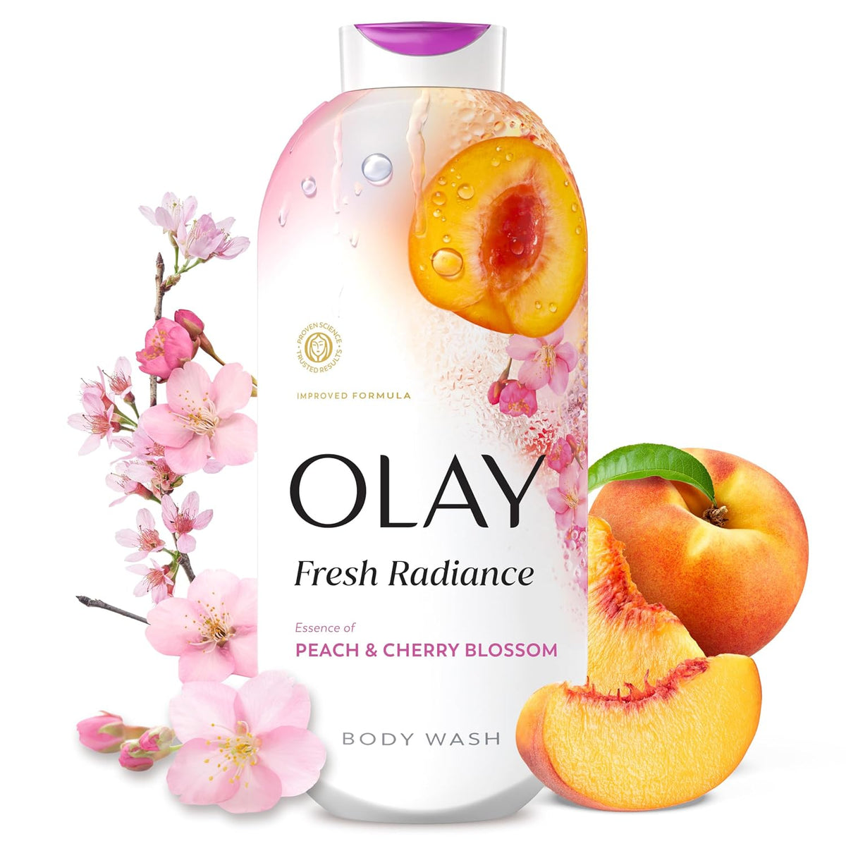 OLAY Fresh Radiance body wash bottle with peach and cherry blossom design on a white background