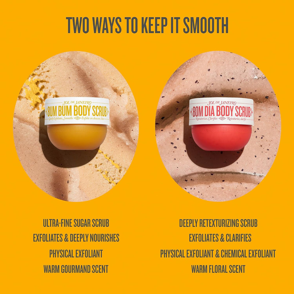 Two ways to keep skin smooth with Bom Dia Body Scrub on a yellow background