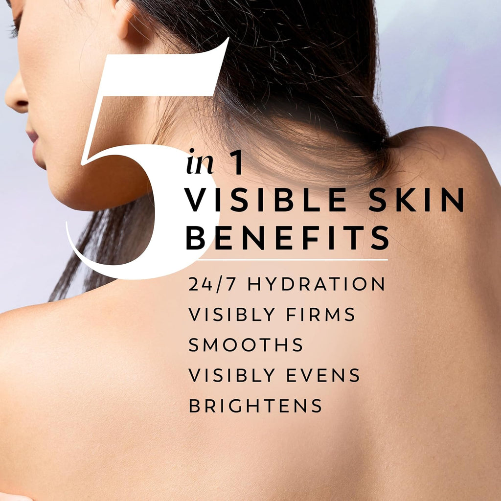 Promotional graphic showing the back and side profile of a woman with large white text reading '5 in 1 Visible Skin Benefits' and smaller text listing skin benefits including hydration, firmness, smoothness, evenness, and brightness.