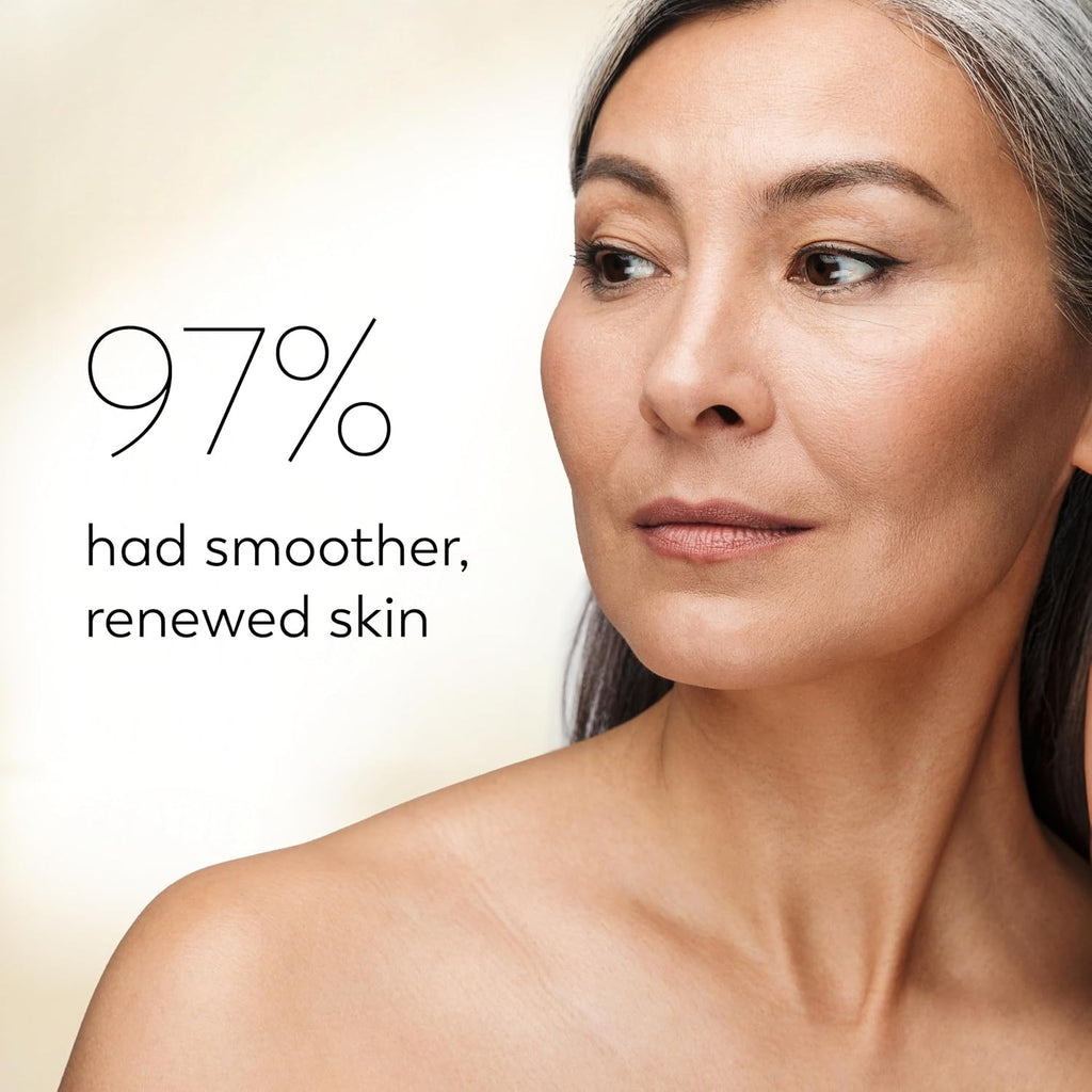 Close-up of a woman with smooth, radiant skin against a soft cream background, with text reading '97% had smoother, renewed skin.'.