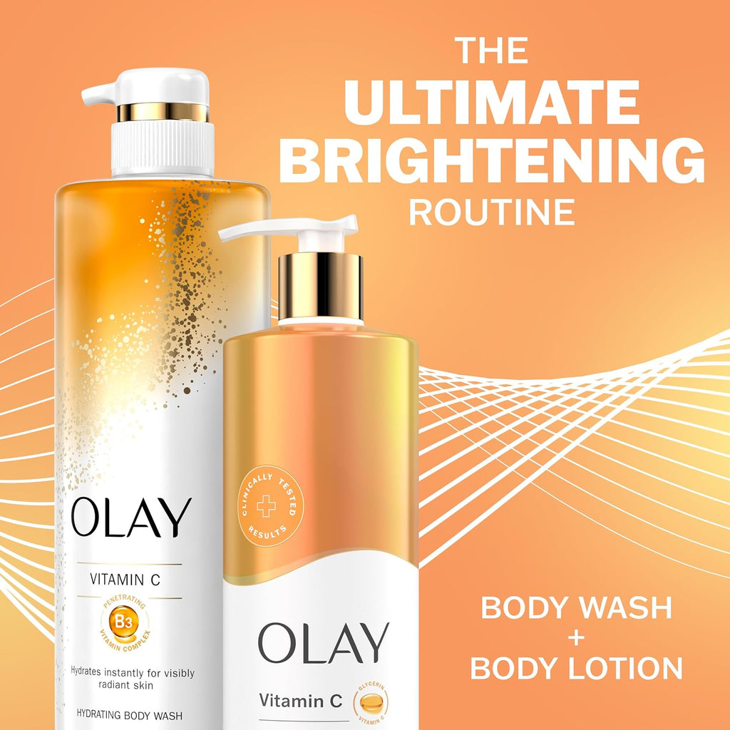 Olay Vitamin C body wash and lotion set on an orange background with text 'The Ultimate Brightening Routine'.