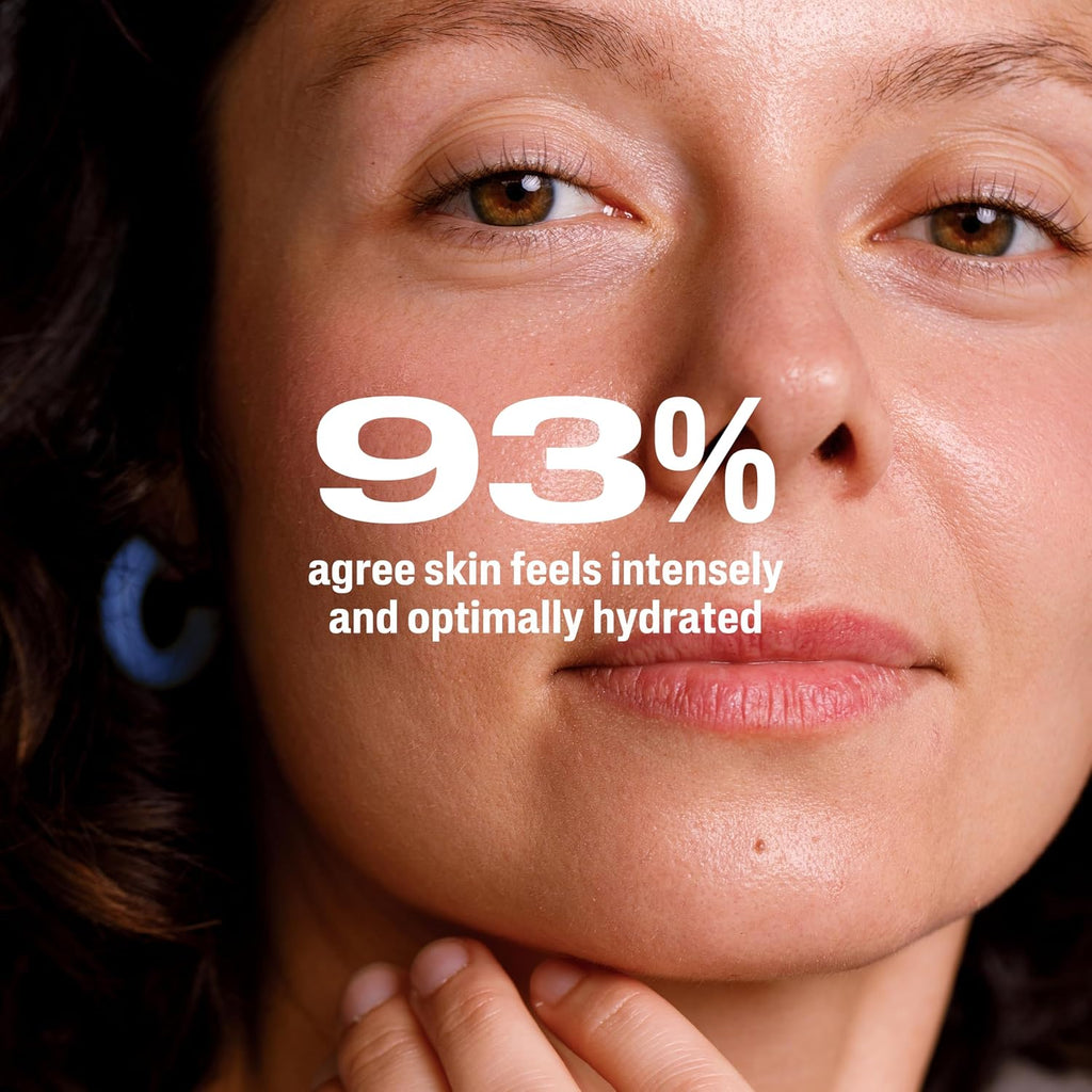 Woman's face with text indicating 93% agree skin feels intensely and optimally hydrated