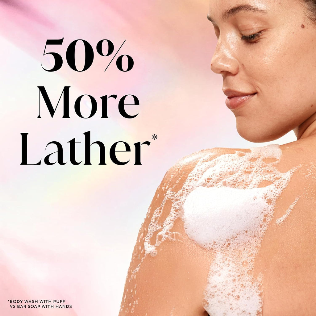 Woman with soap suds on her shoulder against a pastel background with text about lather.