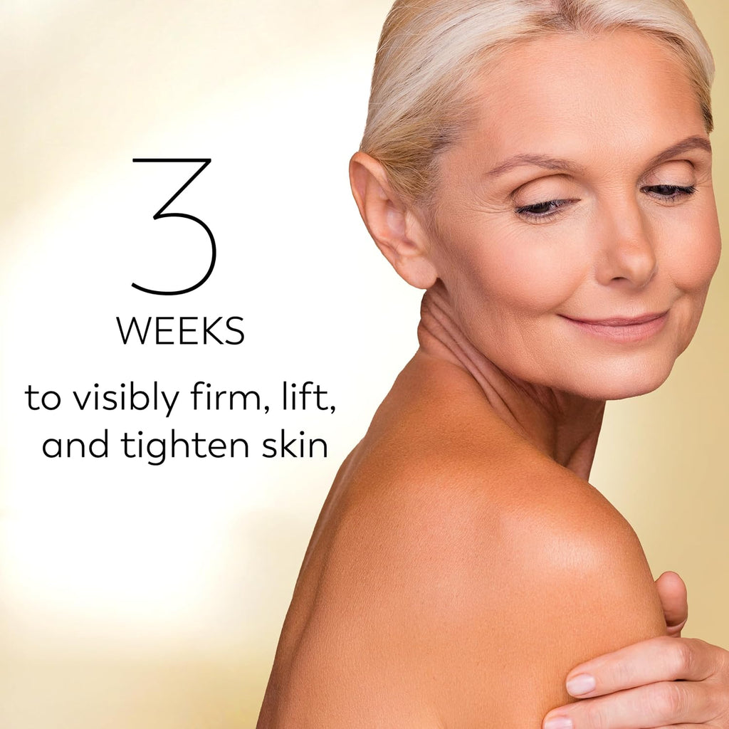 A close-up of a smiling older woman with short blonde hair, shown from the shoulders up against a soft beige background. Large text on the left reads '3 WEEKS to visibly firm, lift, and tighten skin.
