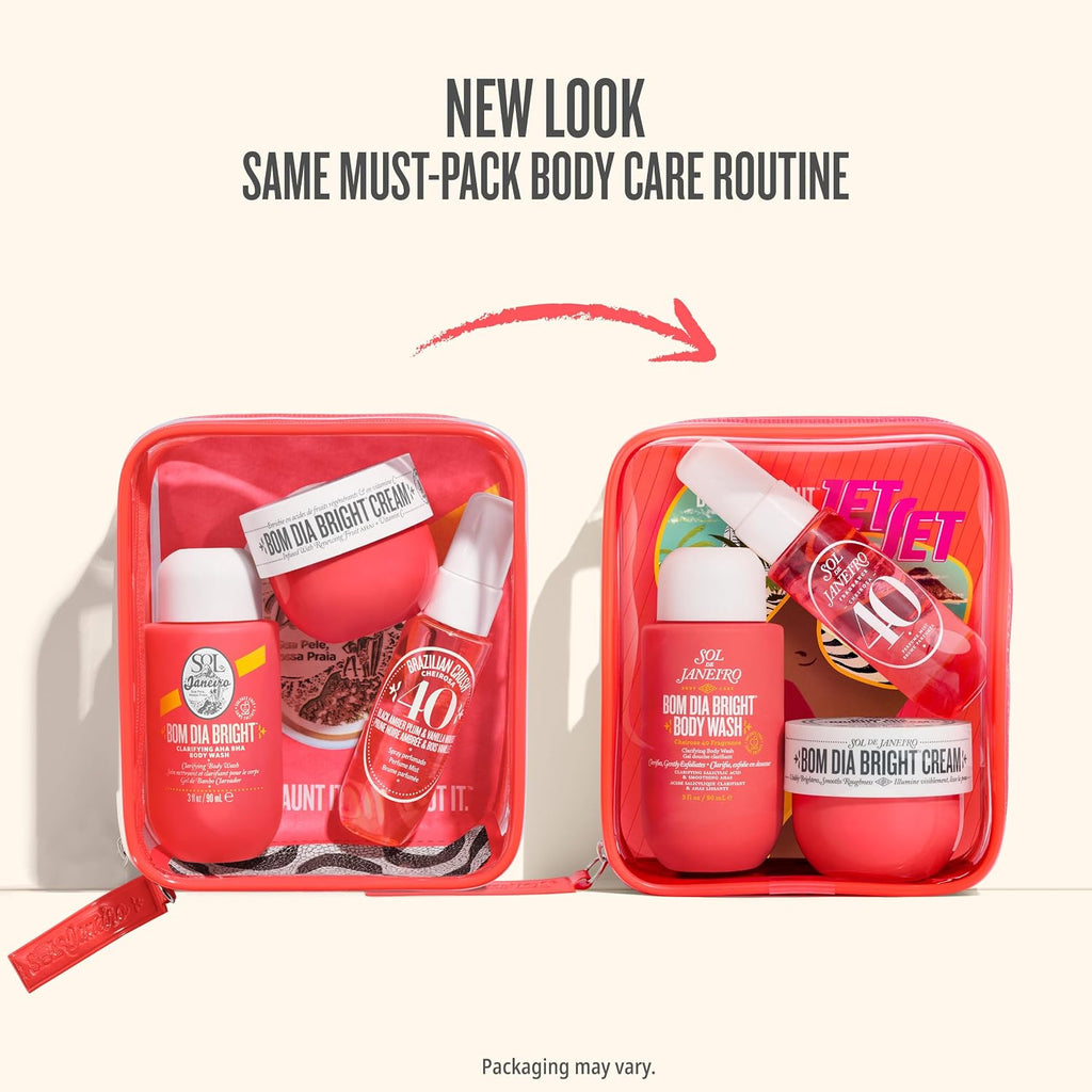 Body care products in a red travel case with 'New Look' text on a white background