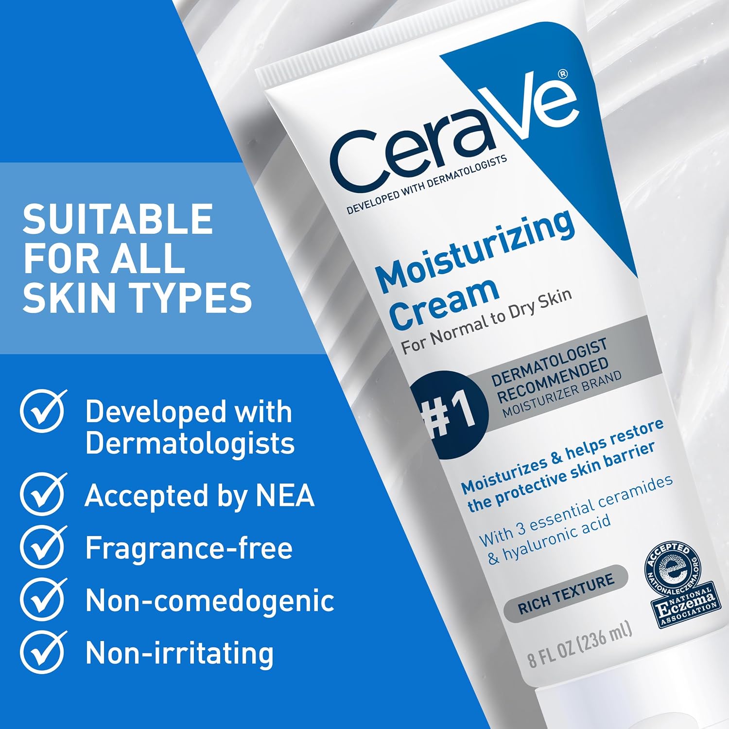CeraVe moisturizing cream packaging with product features on a blue background
