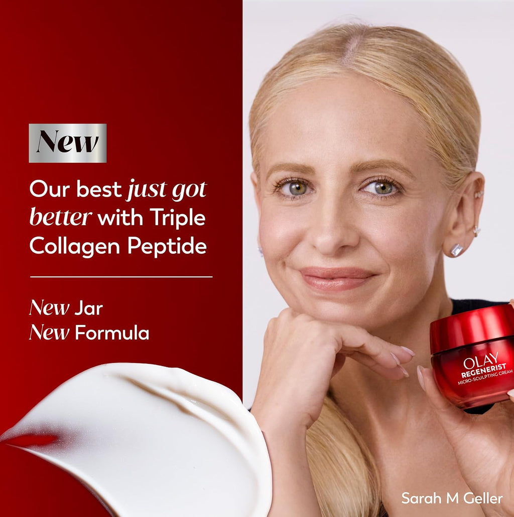 Olay Riches Youth Power Cream jar held by a blonde woman, with a red promotional text panel on the left and a dollop of white cream in the foreground.