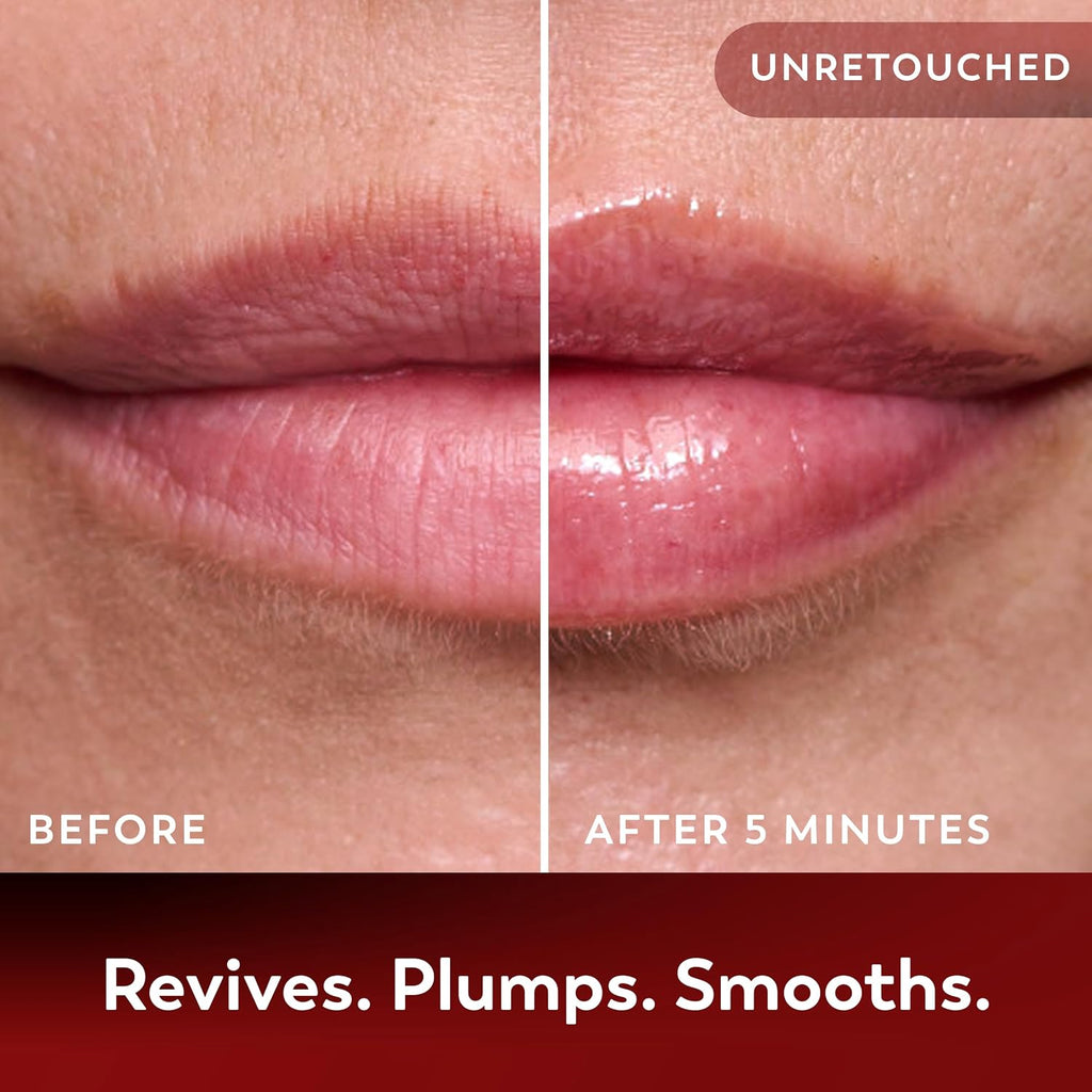Before and after comparison of lips with text 'Unretouched', 'Before', 'After 5 Minutes', 'Revives. Plumps. Smooths.'