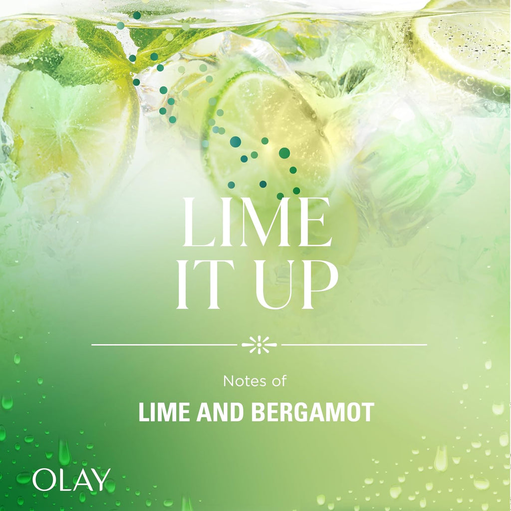 A green and white graphic with the text 'LIME IT UP' and 'Notes of LIME AND BERGAMOT' over a translucent background showing lime slices, mint leaves, and ice. The Olay logo appears in the bottom left corner.