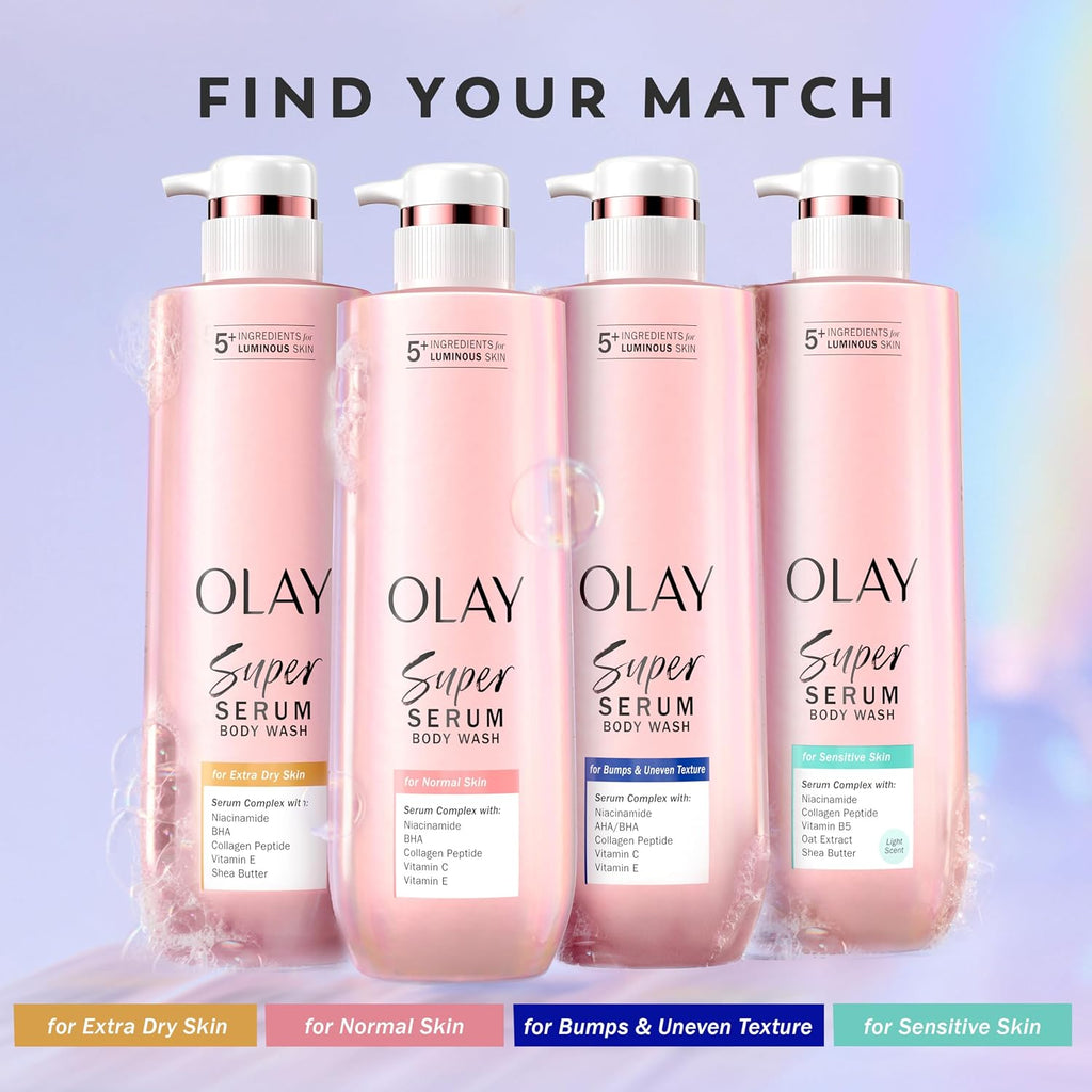 Four Olay Super Serum Body Wash bottles in soft pink tones are lined up against a pastel gradient background with the headline 'FIND YOUR MATCH' above them. Color-coded strip labels at the bottom indicate skin type matches: extra dry skin, normal skin, bumps & uneven texture, and sensitive skin.