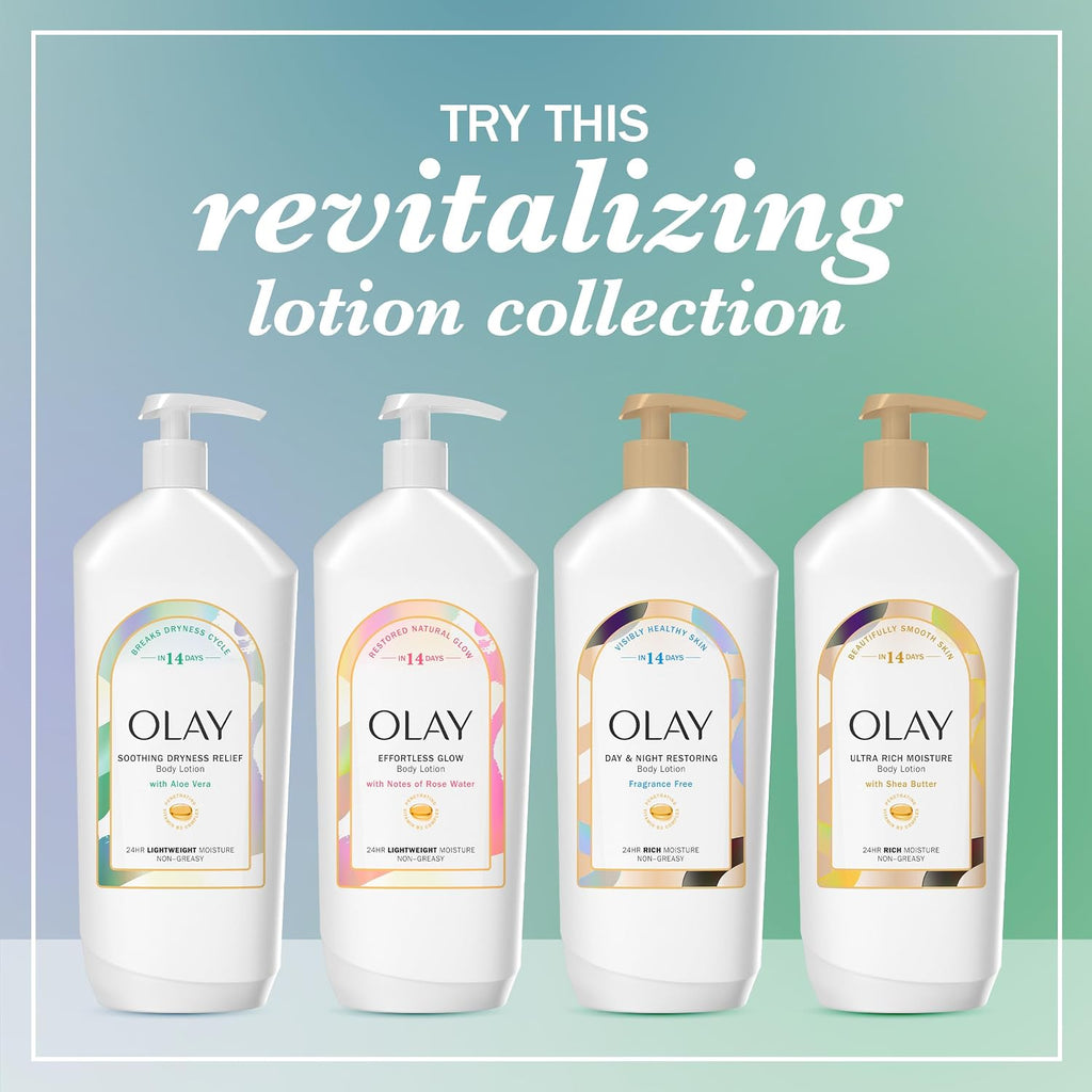 Four Olay lotion bottles on a light blue background with text promoting a revitalizing lotion collection.