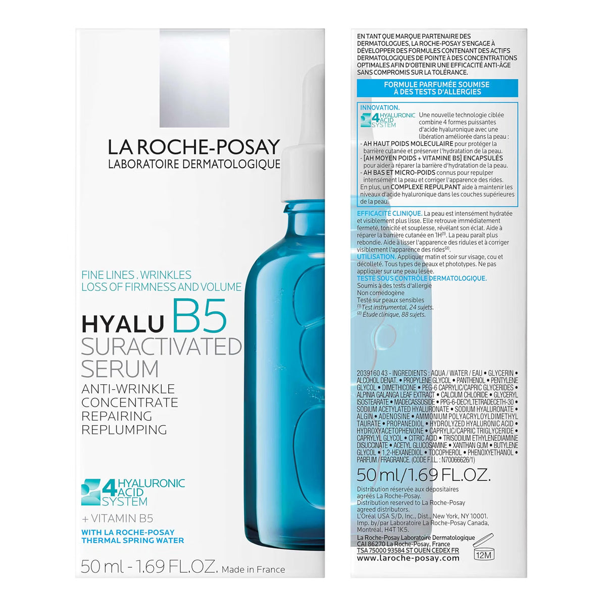 Front and back packaging of La Roche-Posay Hyalu B5 Suractivated Serum, showing the white box with a blue bottle illustration on the front and detailed product information in French on the back.